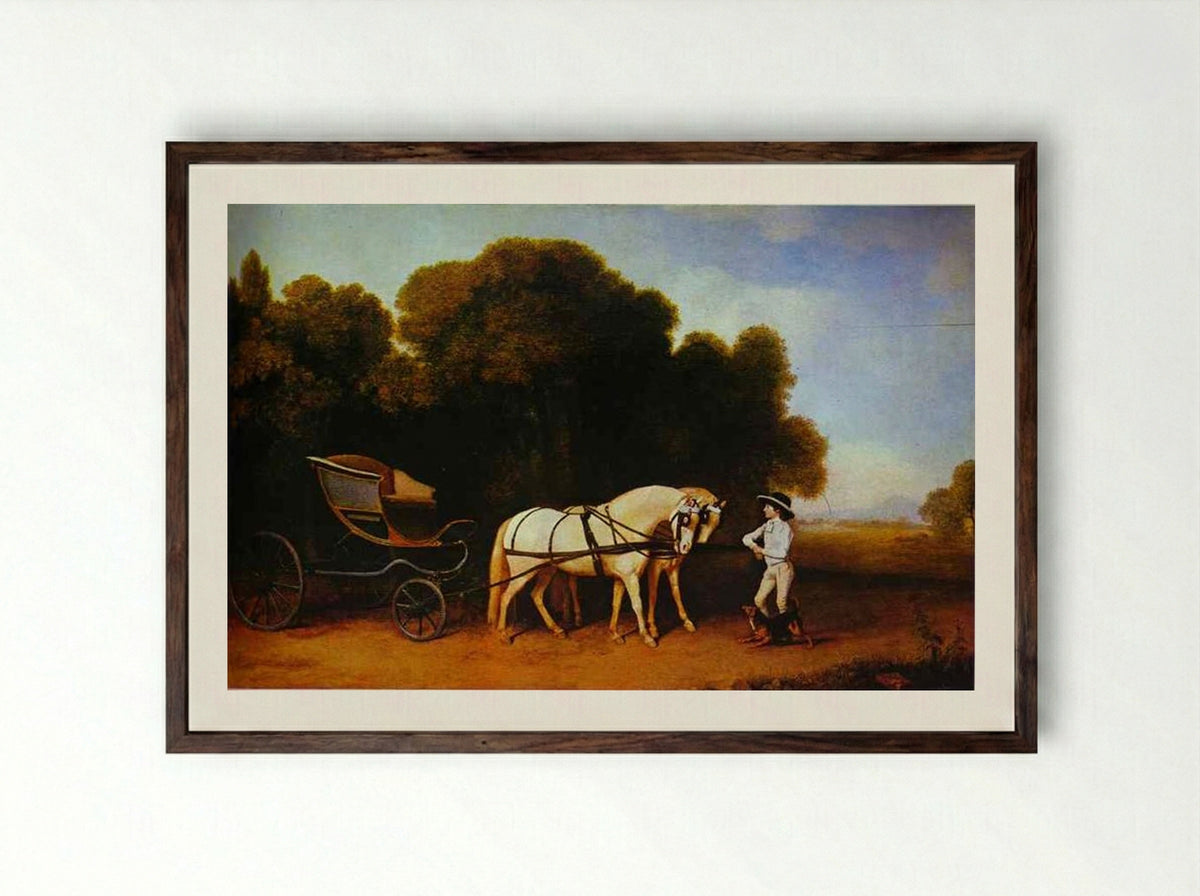 Park Phaeton with a Pair of Cream Ponies - George Stubbs - Framed Print Dark Wood