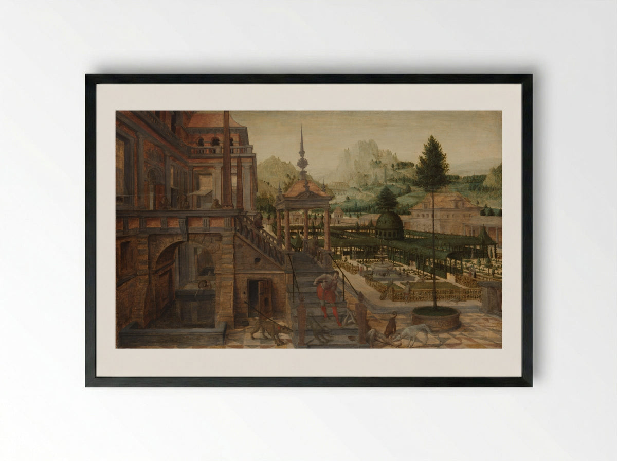 Parkaanleg bij een paleis met op de voorgrond de arme Lazarus - Hans Vredeman de Vries - Framed Print Black