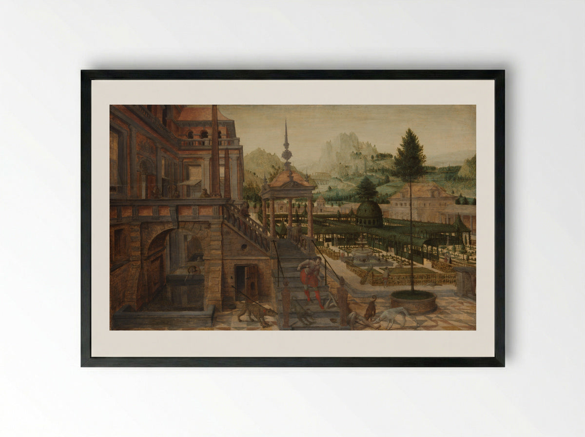 Parkaanleg bij een paleis met op de voorgrond de arme Lazarus - Hans Vredeman de Vries - Framed Print Black
