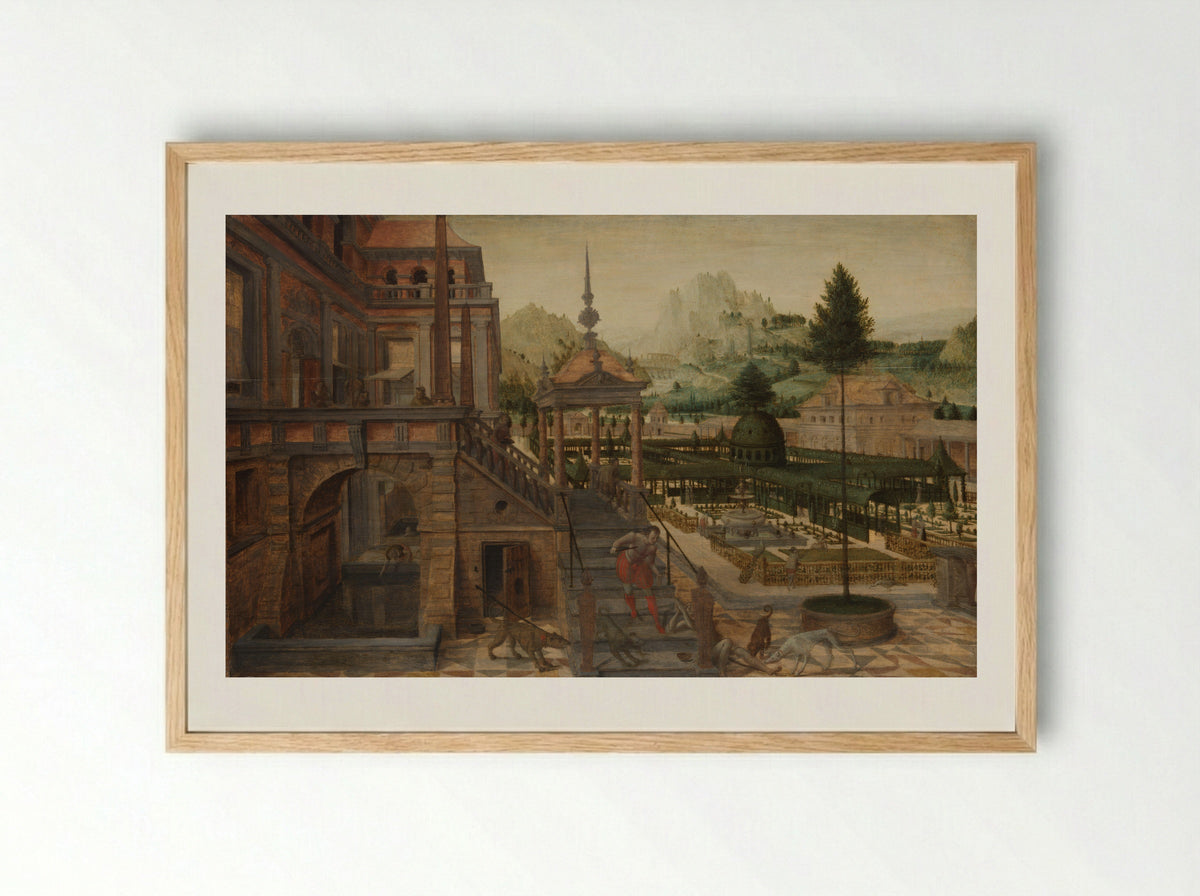 Parkaanleg bij een paleis met op de voorgrond de arme Lazarus - Hans Vredeman de Vries - Framed Print Wood