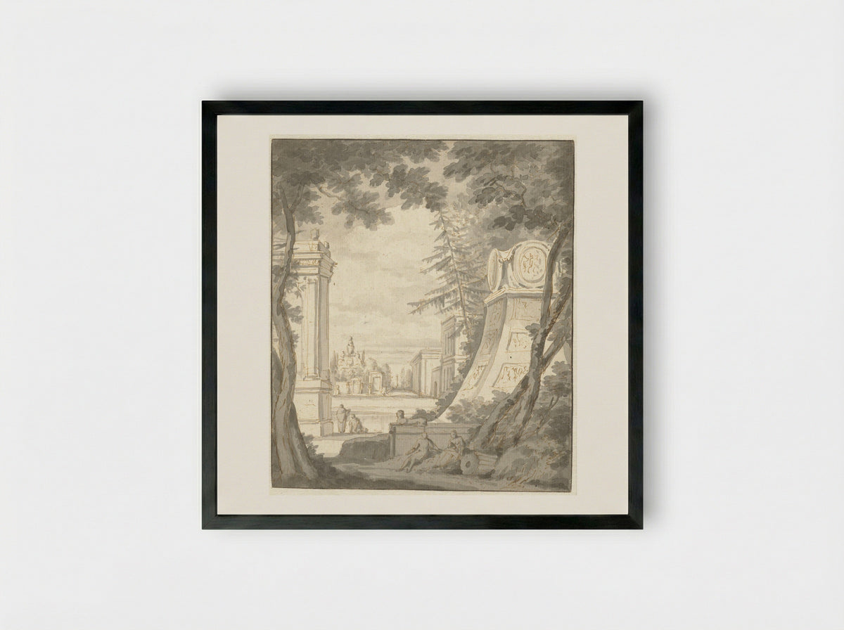 Parklandschap met monumenten en classicistische architectuur - Frederik de Moucheron - Framed Print Black