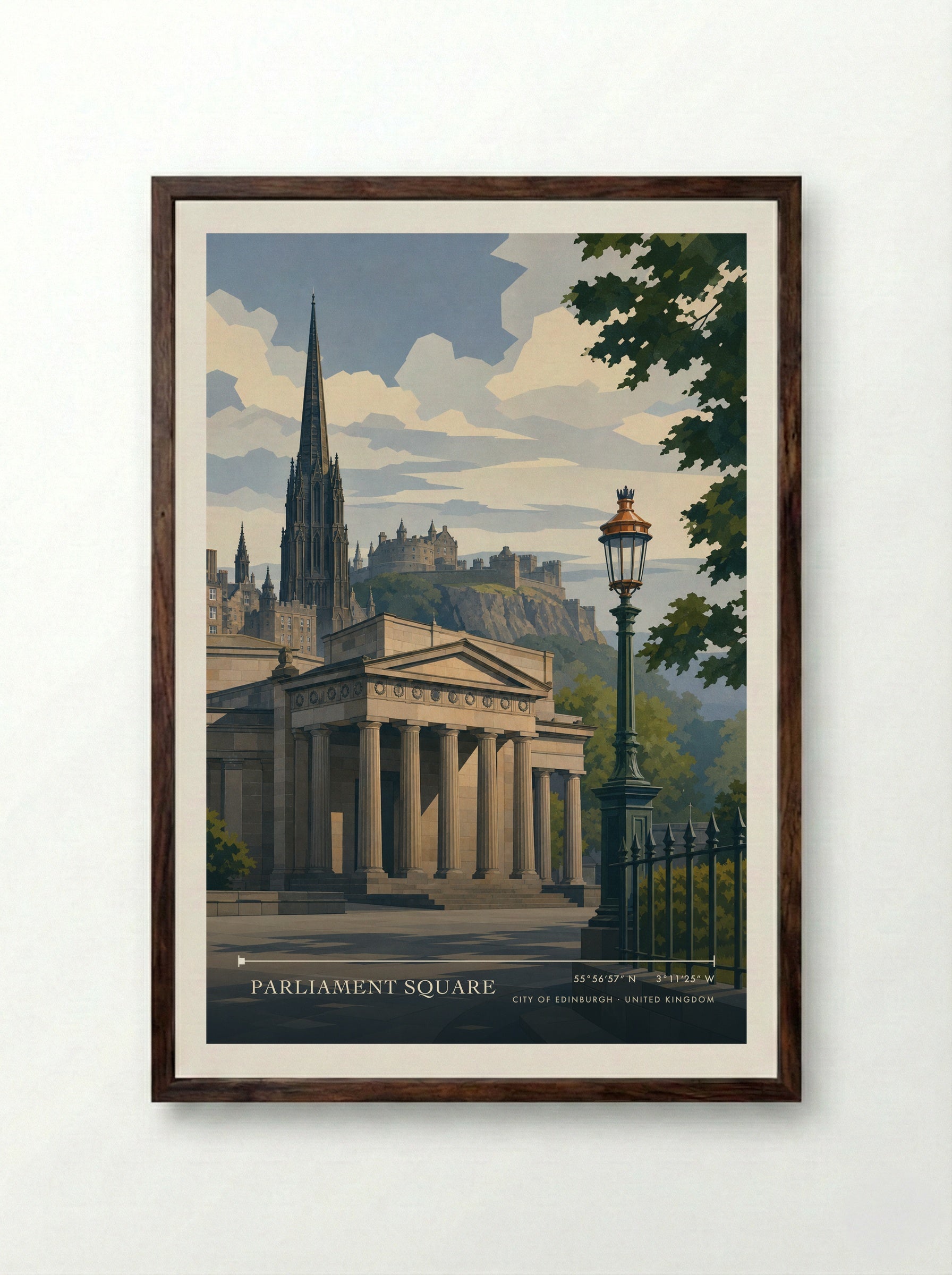 Parliament Square City of Edinburgh United Kingdom Travel Poster - Framed Print Dark Wood