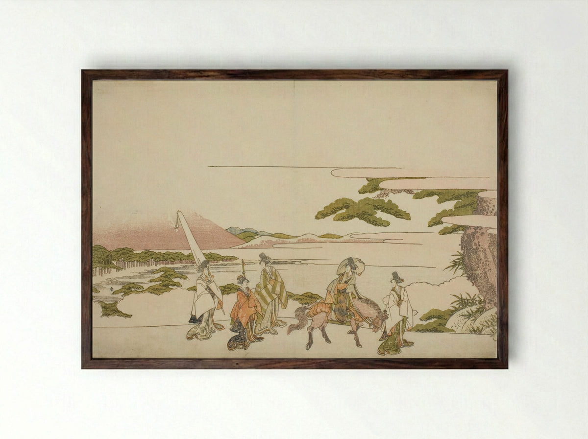 Parody of Ariwara no Narihira's Eastern Journey - Katsushika Hokusai - Framed Print Dark Wood