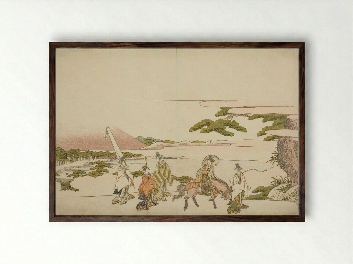 Parody of Ariwara no Narihira's Eastern Journey - Katsushika Hokusai - Framed Print Dark Wood