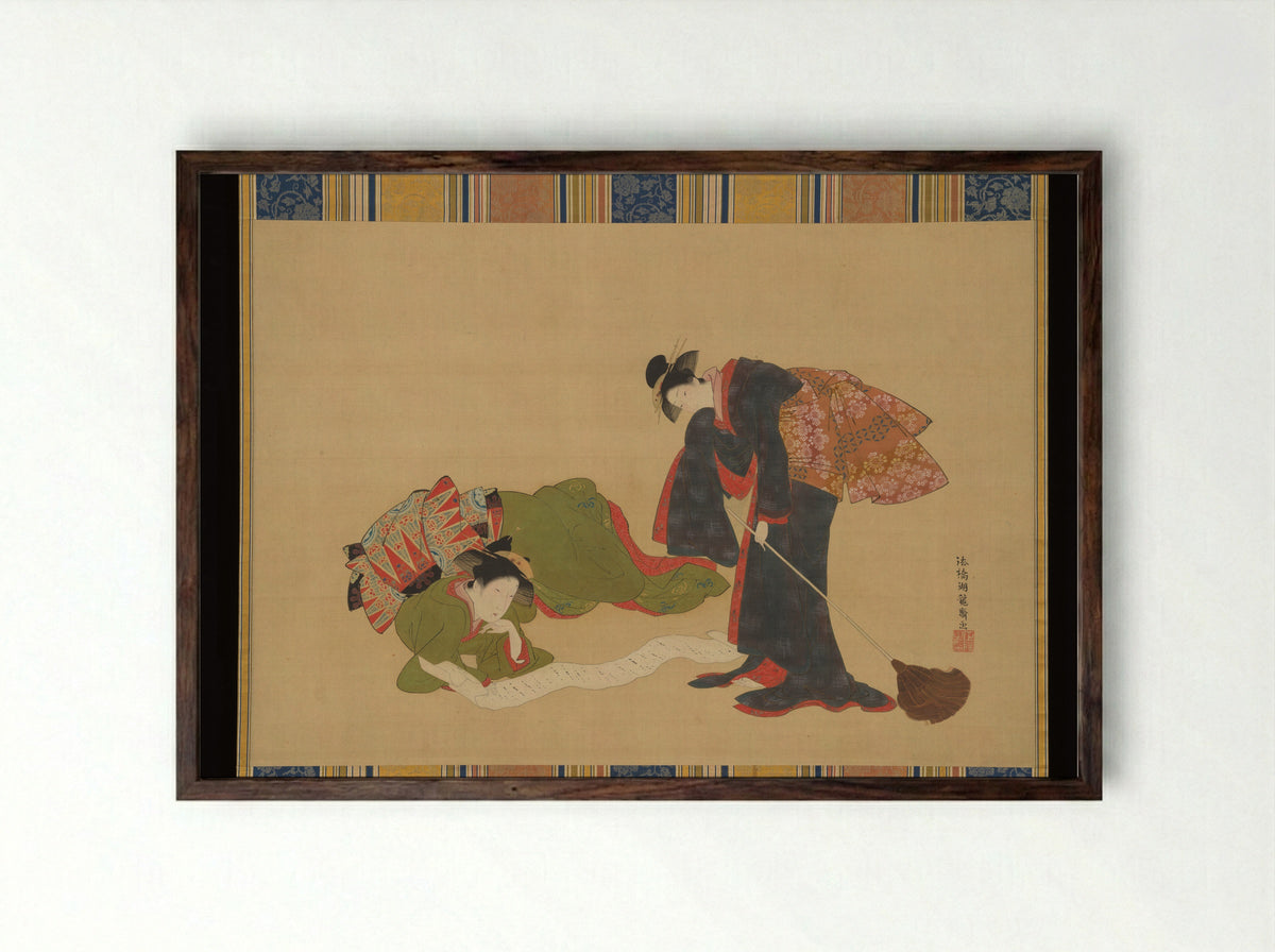 Parody of Hanshan and Shide (Kanzan and Jittoku) - Isoda Koryūsai - Framed Print Dark Wood