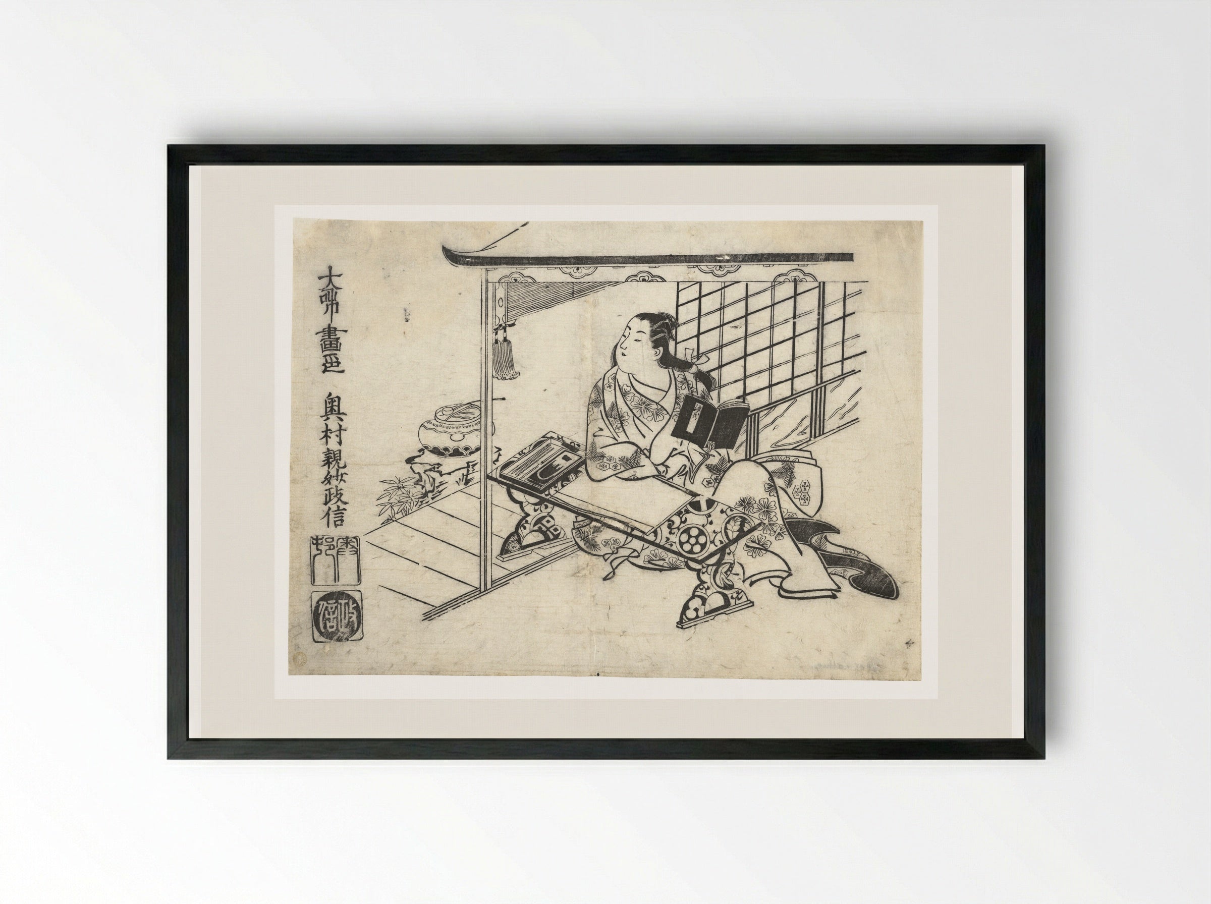 Parody of Murasaki Shikibu at Her Desk - Okumura Masanobu - Framed Print Black