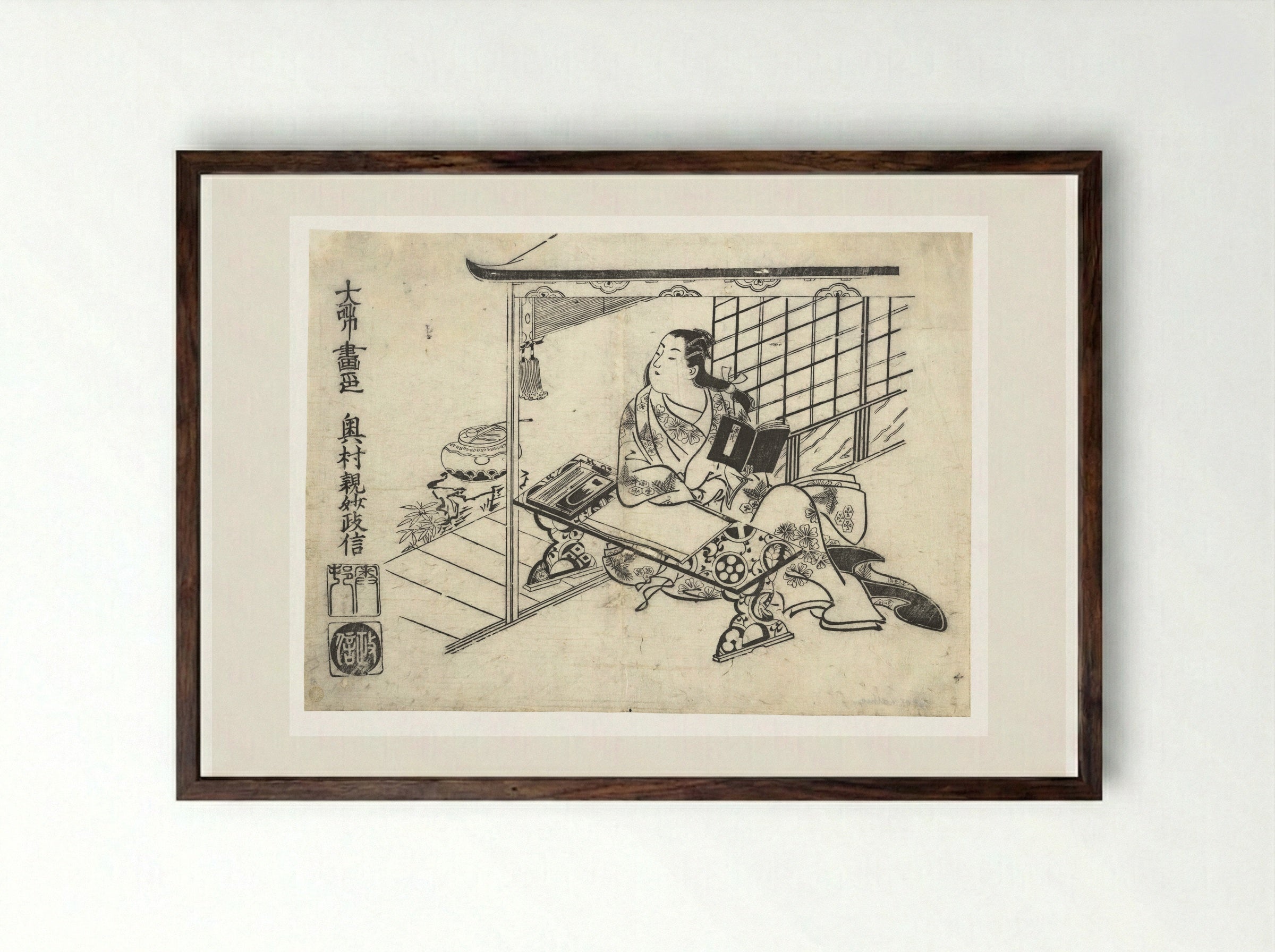 Parody of Murasaki Shikibu at Her Desk - Okumura Masanobu - Framed Print Dark Wood