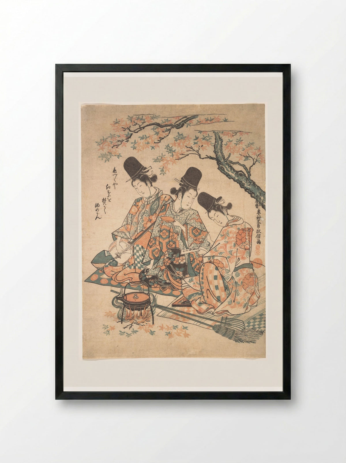 Parody of Palace Servants Heating Sake over a Fire of Maple Leaves - Okumura Masanobu - Framed Print Black