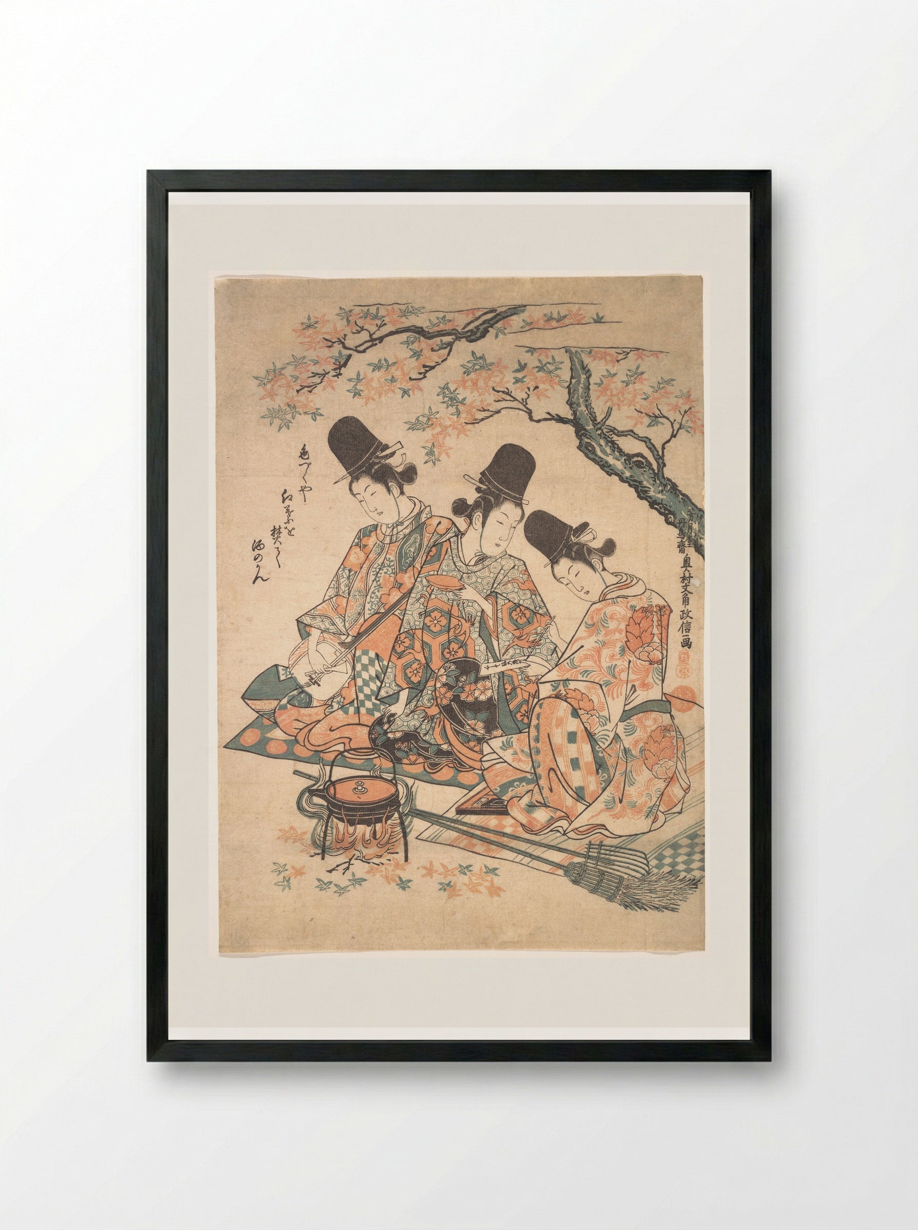 Parody of Palace Servants Heating Sake over a Fire of Maple Leaves - Okumura Masanobu - Framed Print Black