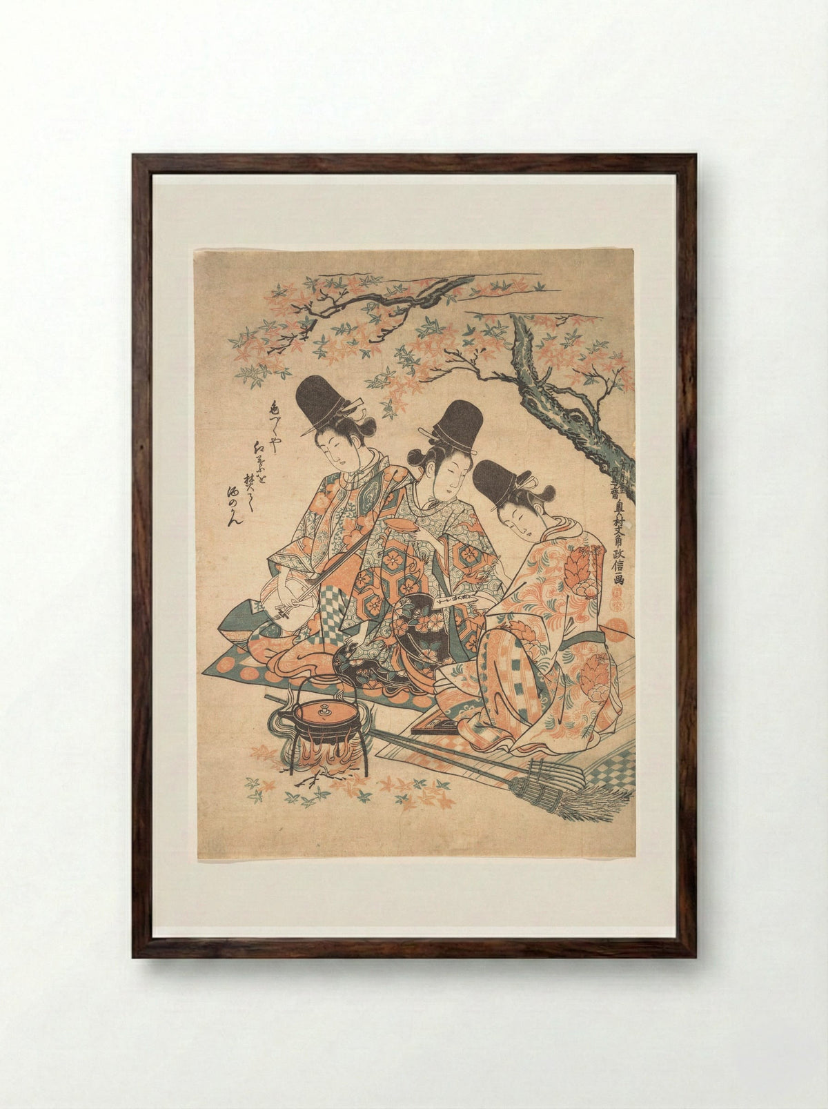 Parody of Palace Servants Heating Sake over a Fire of Maple Leaves - Okumura Masanobu - Framed Print Dark Wood