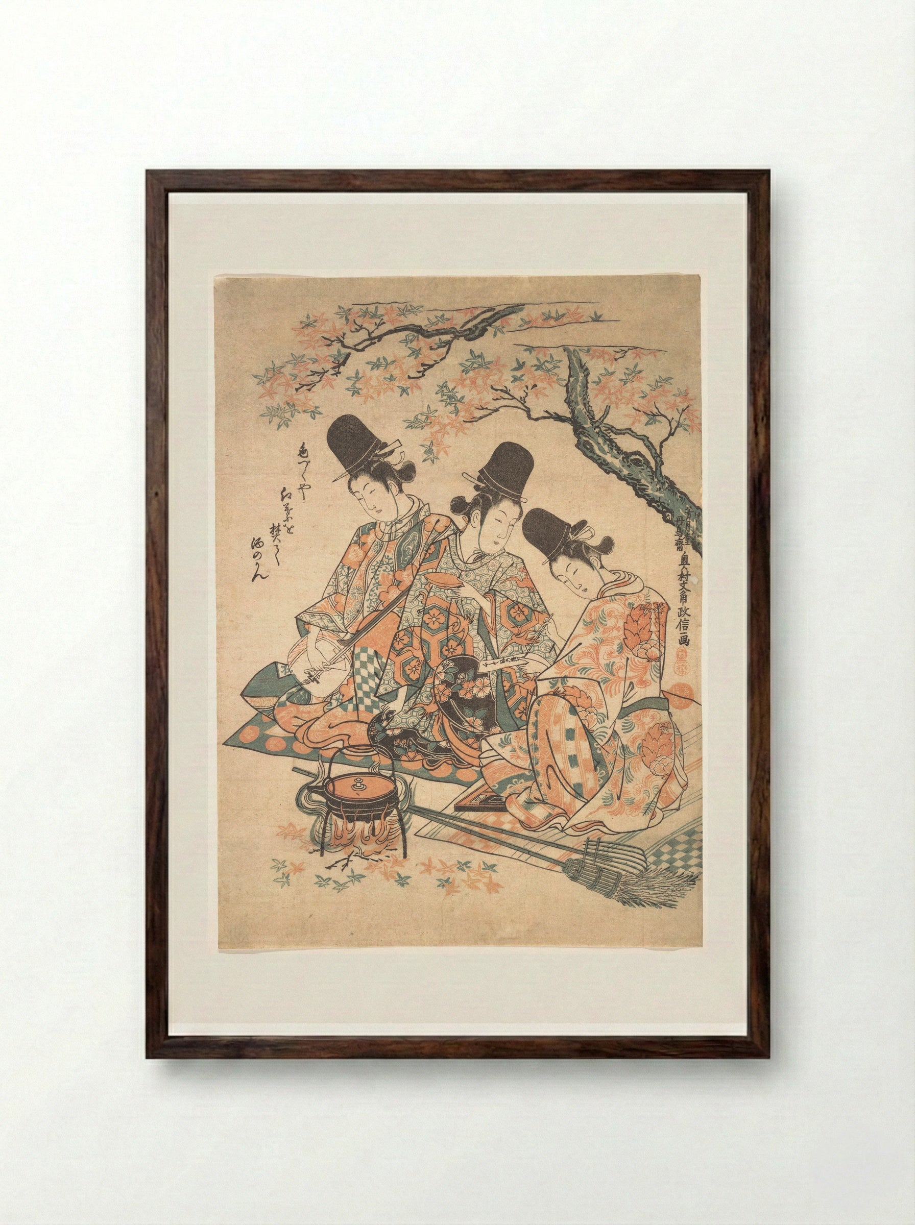 Parody of Palace Servants Heating Sake over a Fire of Maple Leaves - Okumura Masanobu - Framed Print Dark Wood