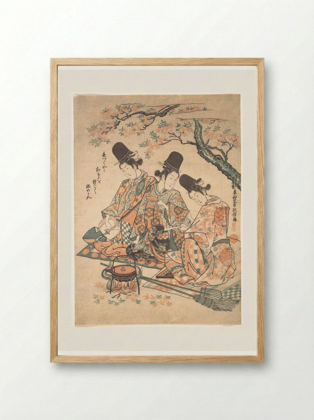 Parody of Palace Servants Heating Sake over a Fire of Maple Leaves - Okumura Masanobu - Framed Print Wood