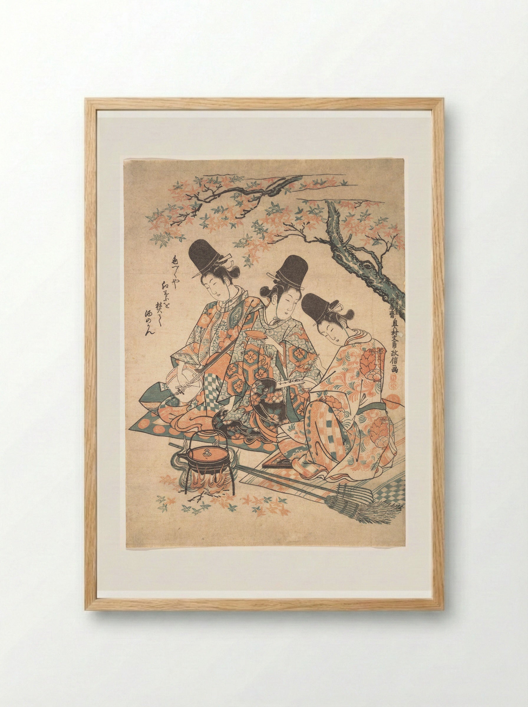 Parody of Palace Servants Heating Sake over a Fire of Maple Leaves - Okumura Masanobu - Framed Print Wood