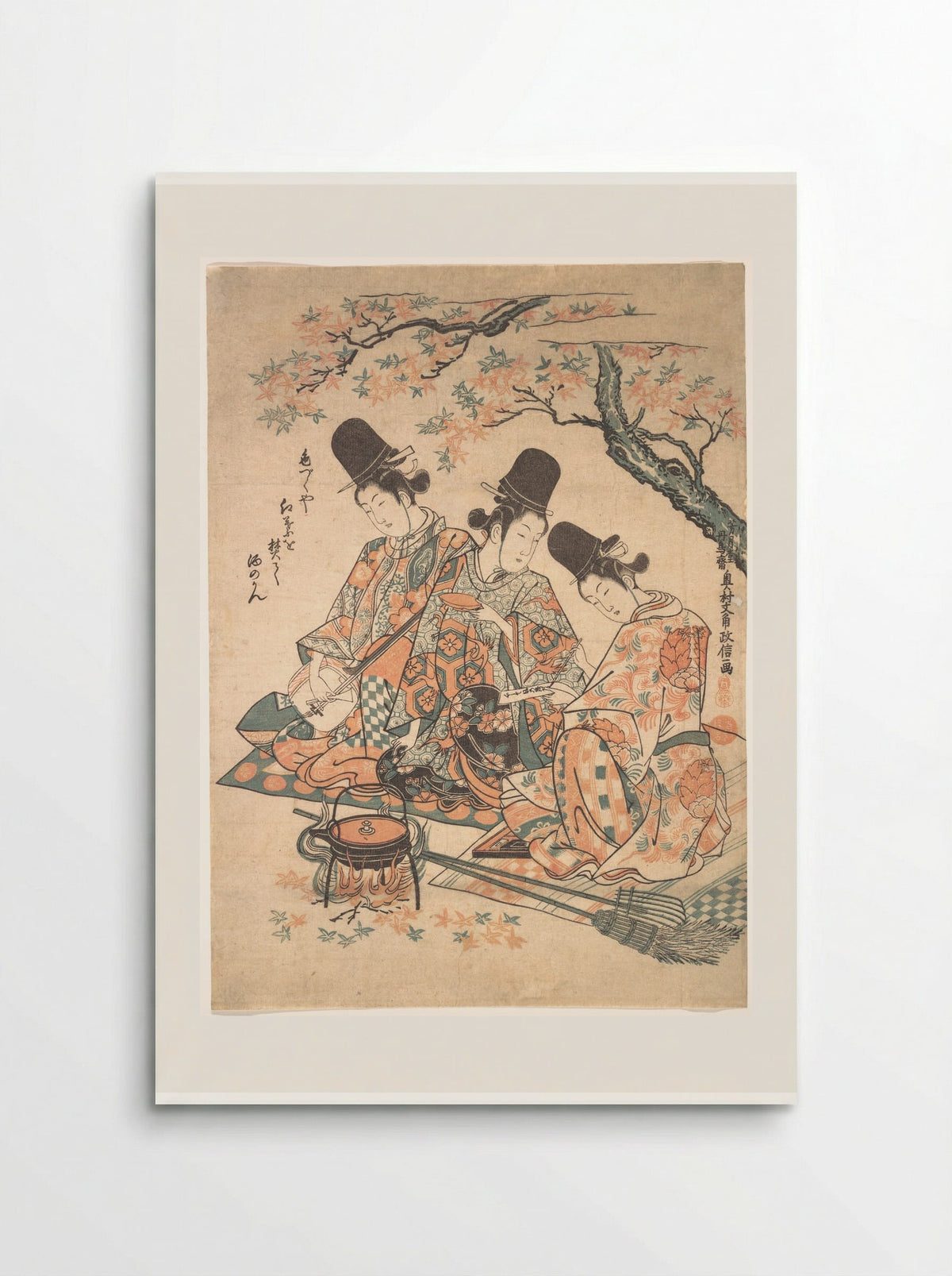 Parody of Palace Servants Heating Sake over a Fire of Maple Leaves - Okumura Masanobu - Poster