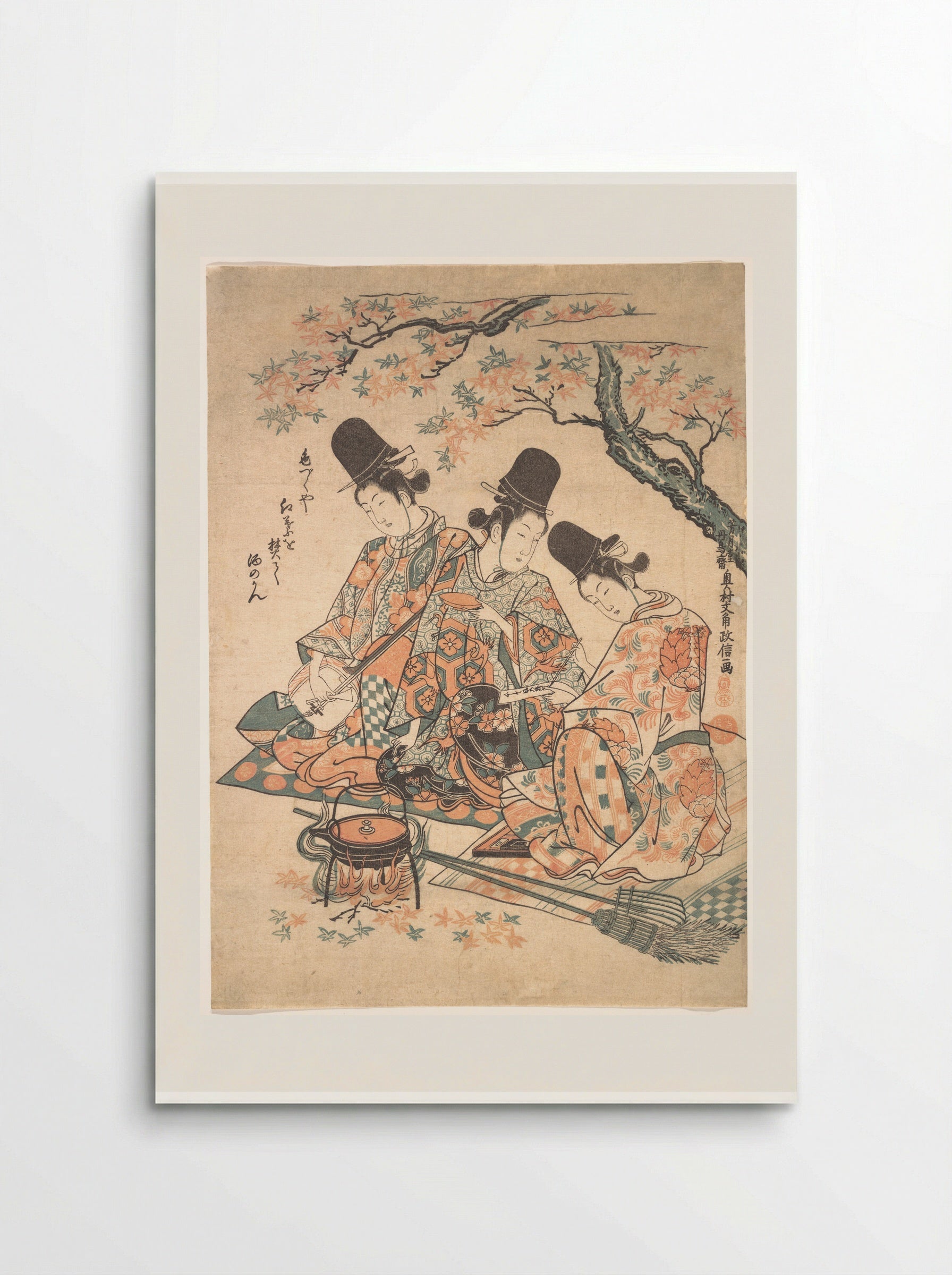 Parody of Palace Servants Heating Sake over a Fire of Maple Leaves - Okumura Masanobu - Poster