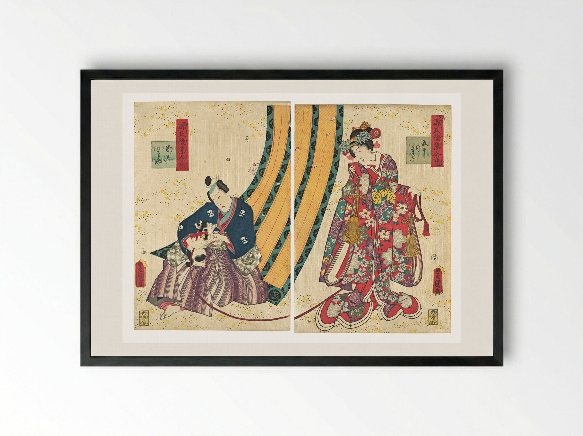 Parody of the Third Princess and Kashiwagi: Chapter 50: A Hut in the Eastern Provinces - Utagawa Kunisada - Framed Print Black