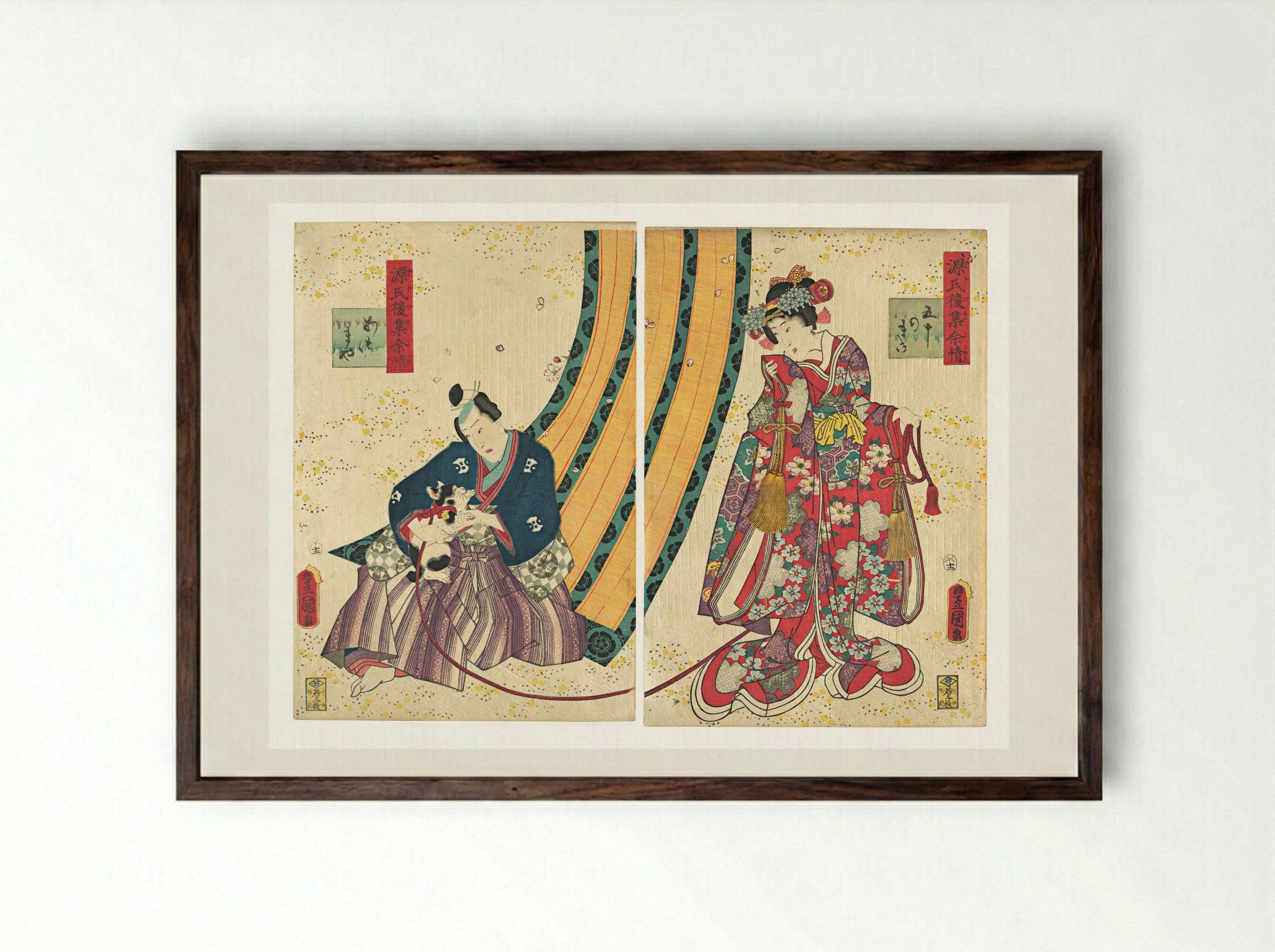 Parody of the Third Princess and Kashiwagi: Chapter 50: A Hut in the Eastern Provinces - Utagawa Kunisada - Framed Print Dark Wood