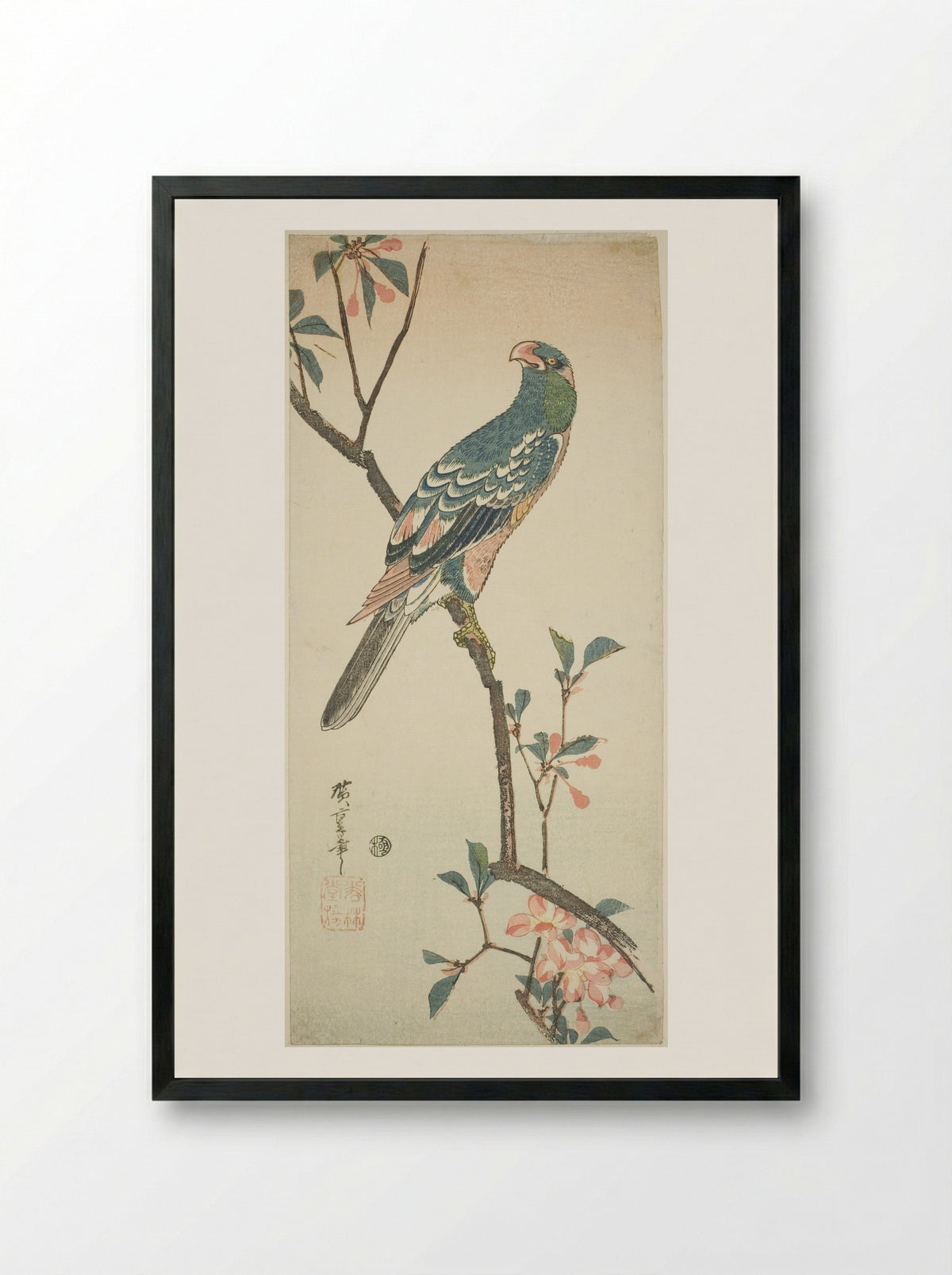 Parrot on a blossoming branch - Utagawa Hiroshige - Framed Print Black