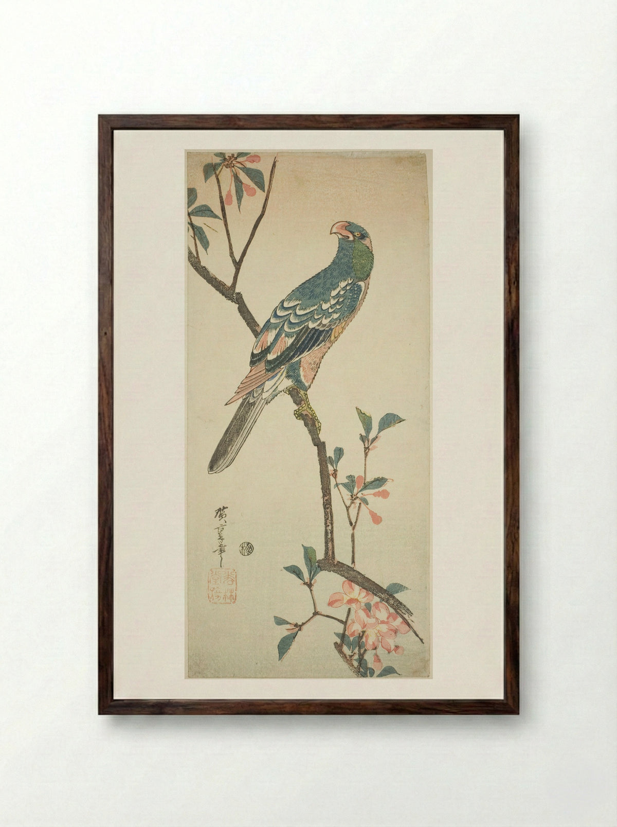 Parrot on a blossoming branch - Utagawa Hiroshige - Framed Print Dark Wood