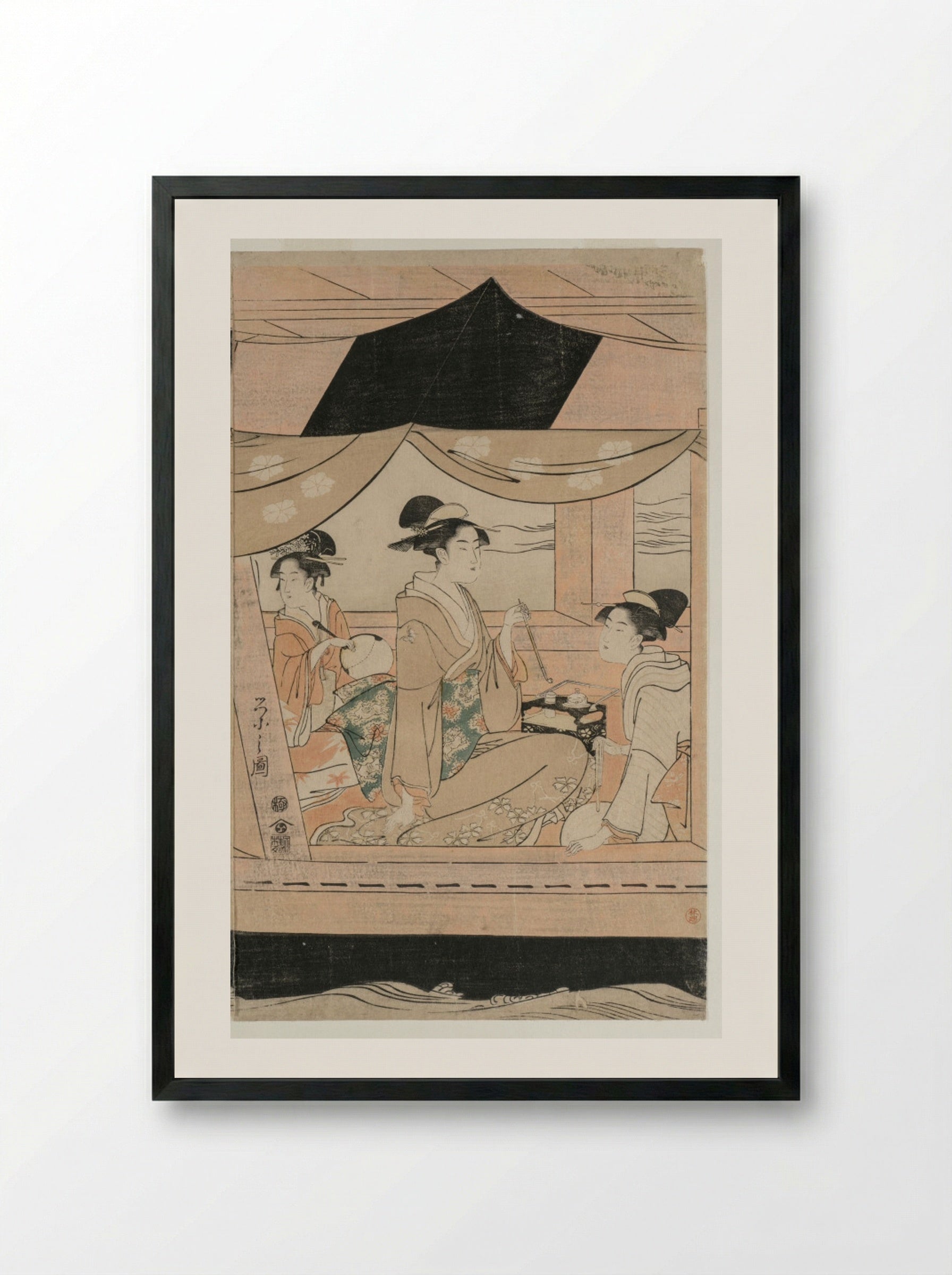Party on the Pleasure Boat Kawaichimaru - Chōbunsai Eishi - Framed Print Black