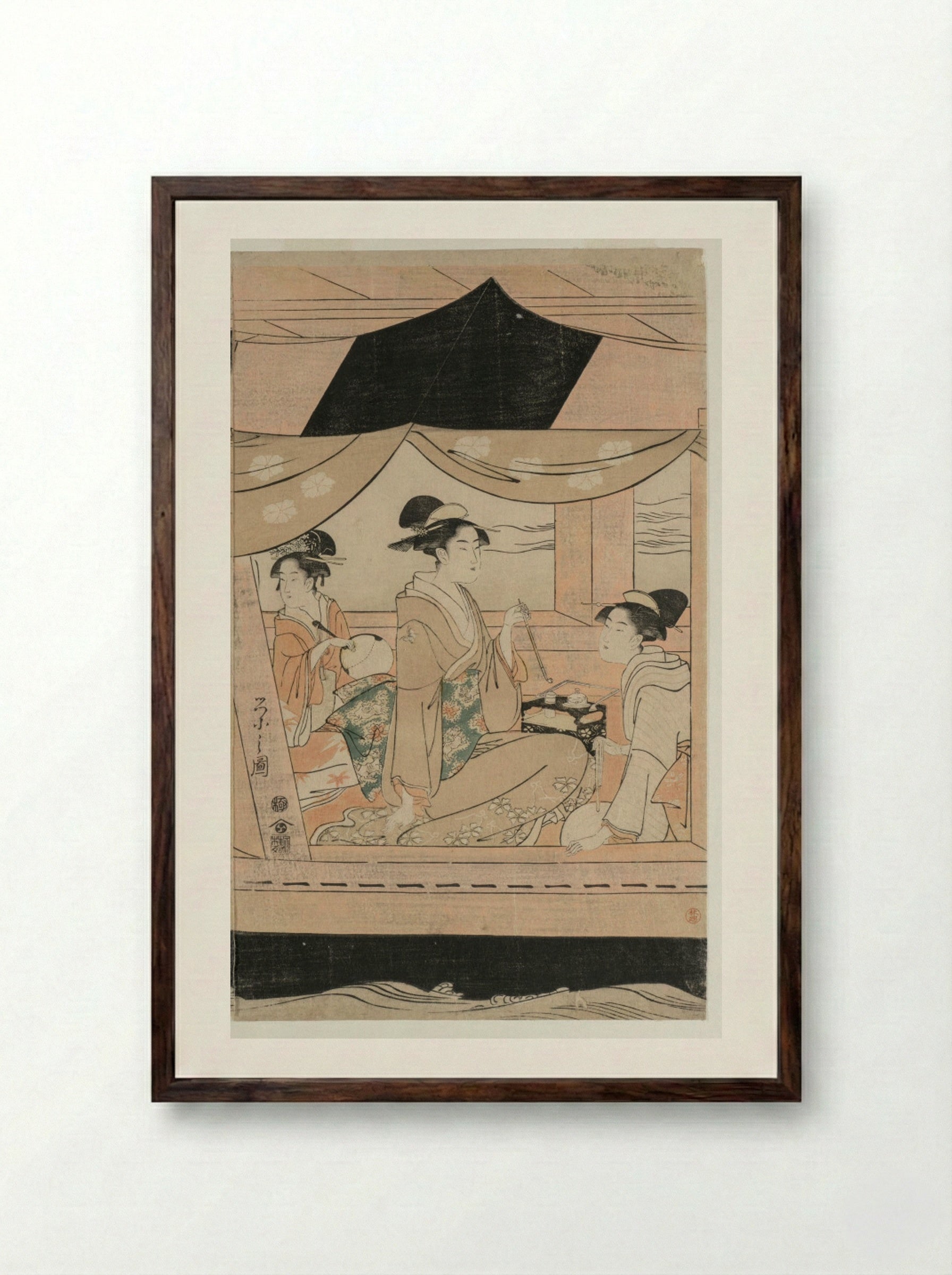 Party on the Pleasure Boat Kawaichimaru - Chōbunsai Eishi - Framed Print Dark Wood