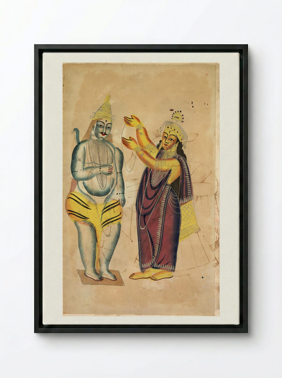Parvati Placing a Wedding Garland on Shiva - Kalighat School - Framed Canvas Black