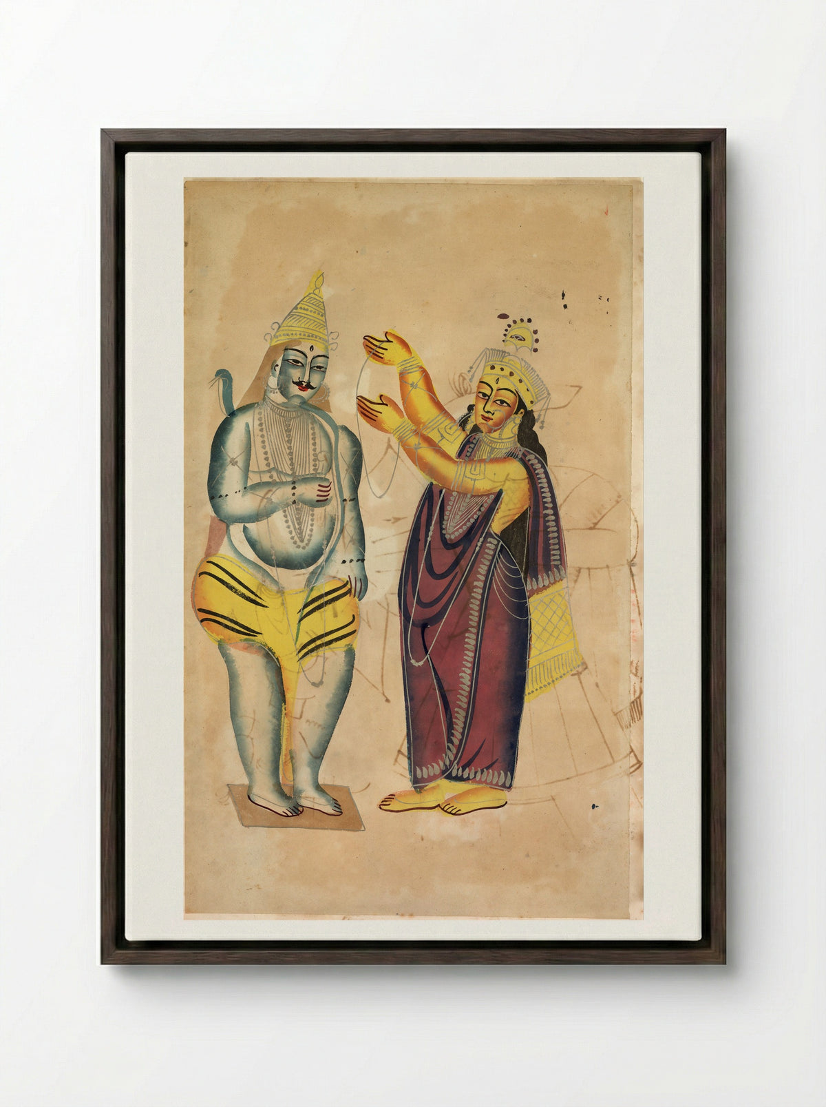 Parvati Placing a Wedding Garland on Shiva - Kalighat School - Framed Canvas Dark Wood