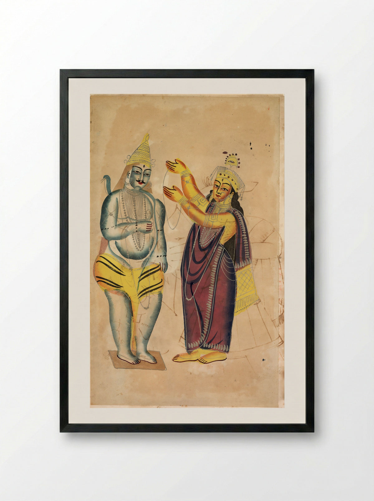 Parvati Placing a Wedding Garland on Shiva - Kalighat School - Framed Print Black