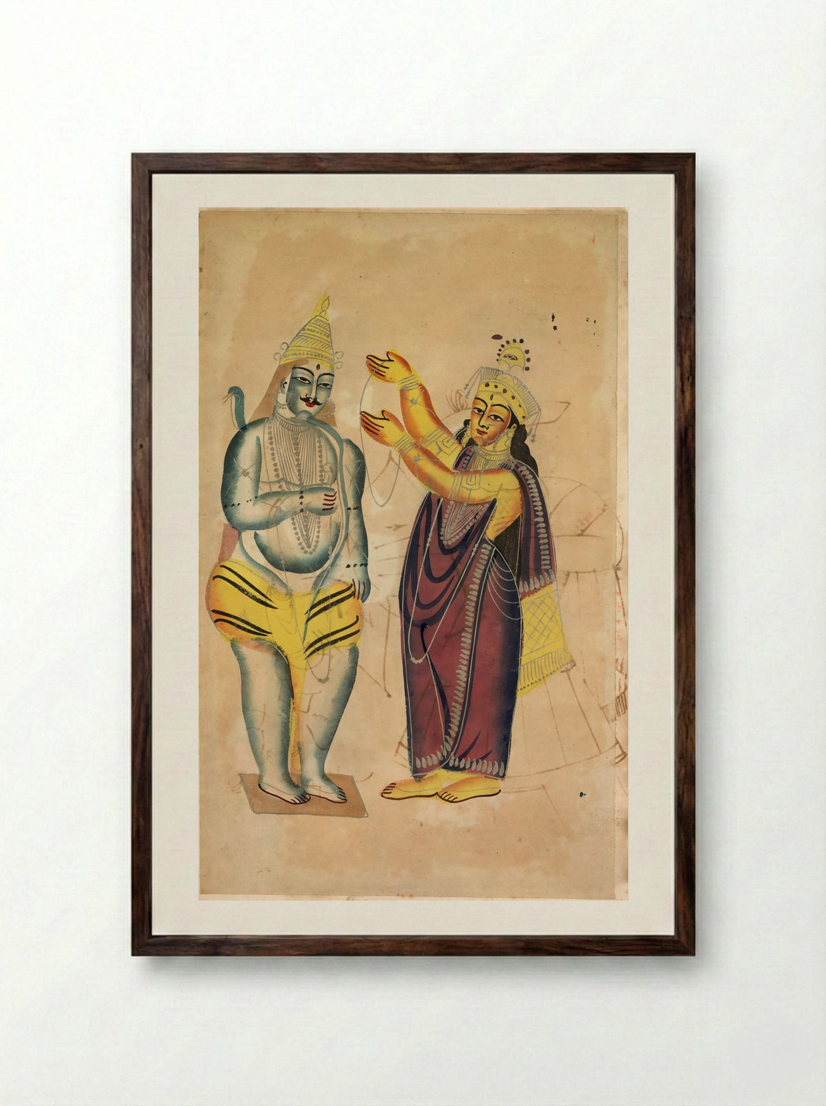 Parvati Placing a Wedding Garland on Shiva - Kalighat School - Framed Print Dark Wood