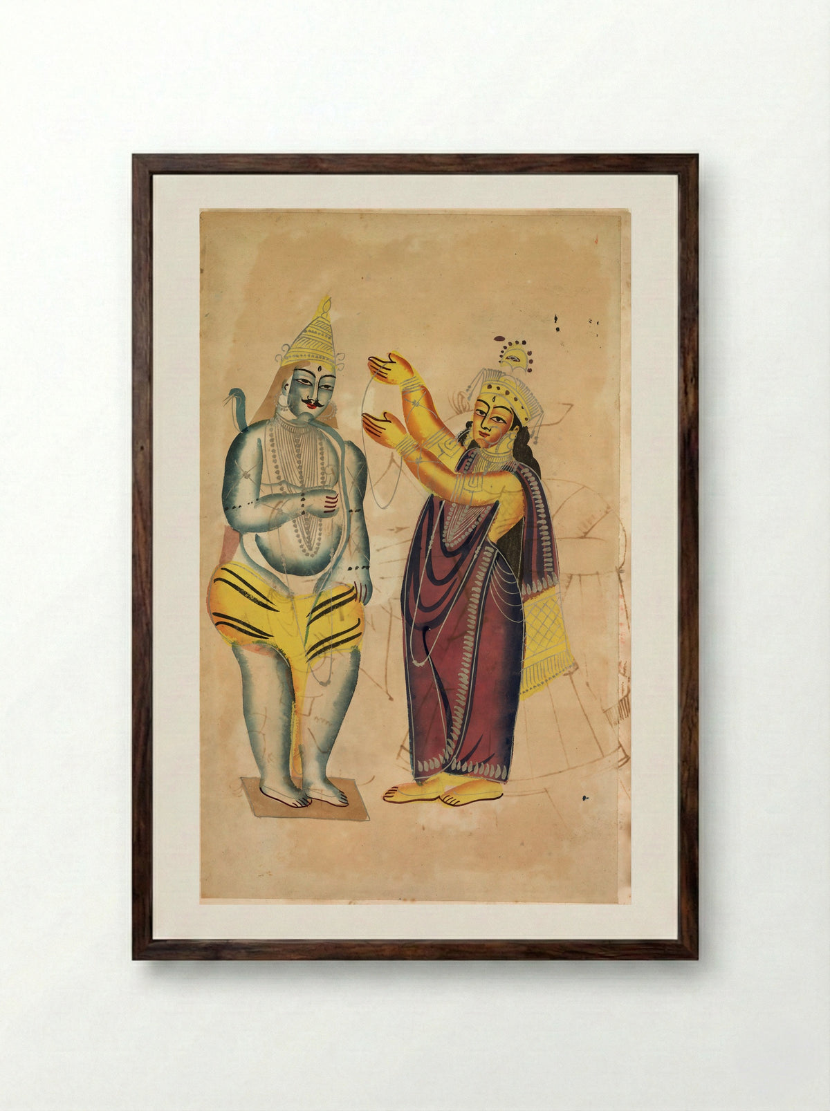 Parvati Placing a Wedding Garland on Shiva - Kalighat School - Framed Print Dark Wood