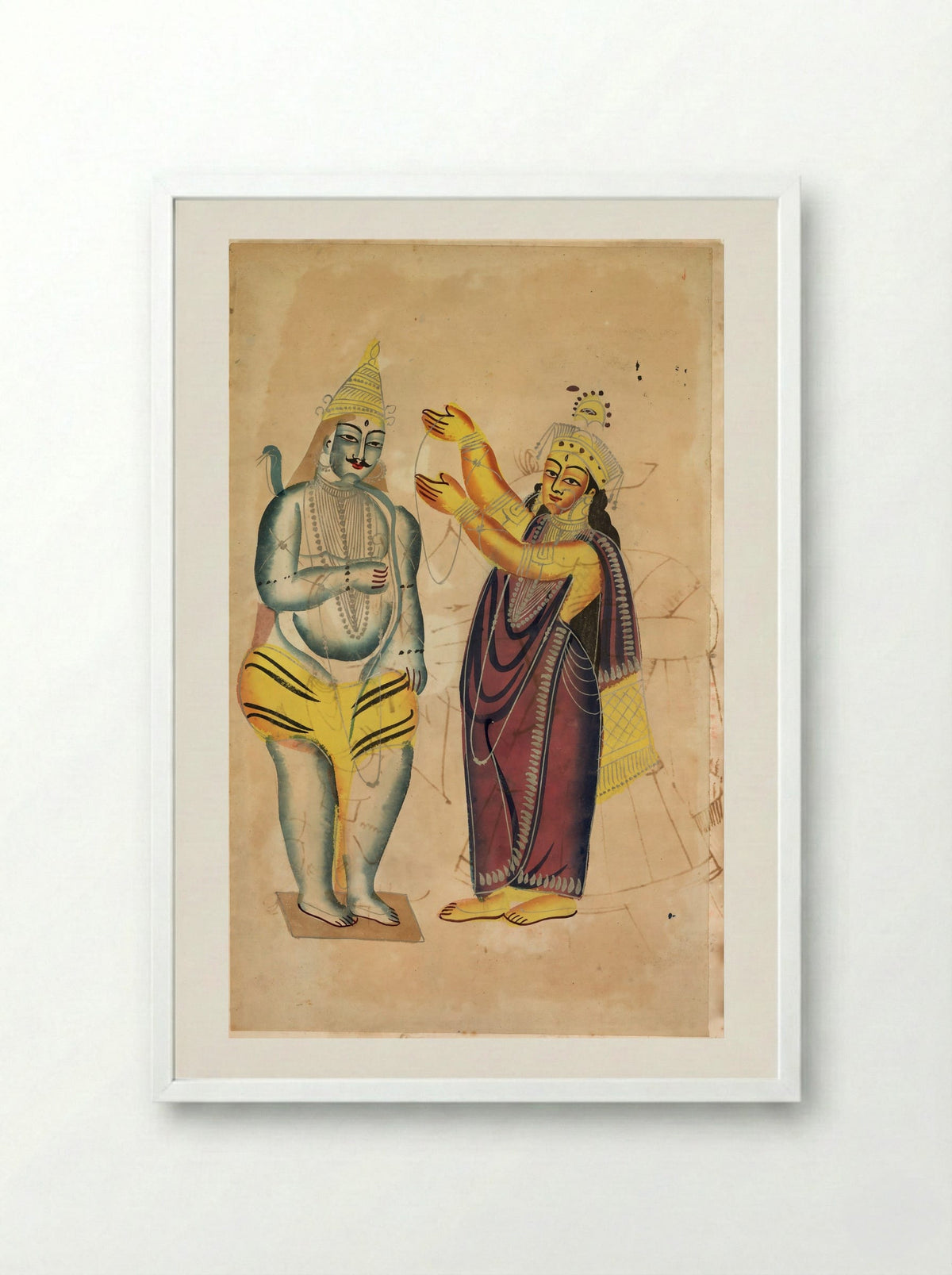 Parvati Placing a Wedding Garland on Shiva - Kalighat School - Framed Print White