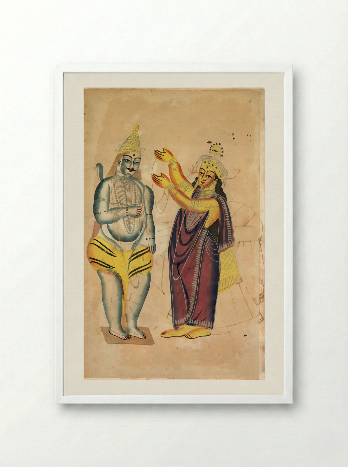 Parvati Placing a Wedding Garland on Shiva - Kalighat School - Framed Print White