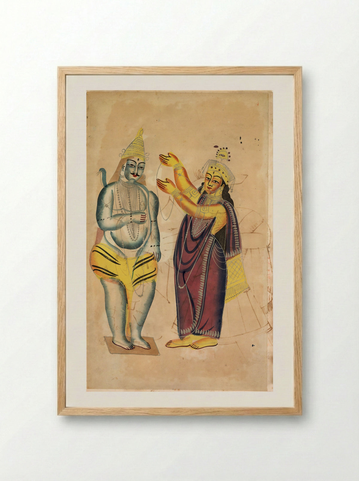 Parvati Placing a Wedding Garland on Shiva - Kalighat School - Framed Print Wood