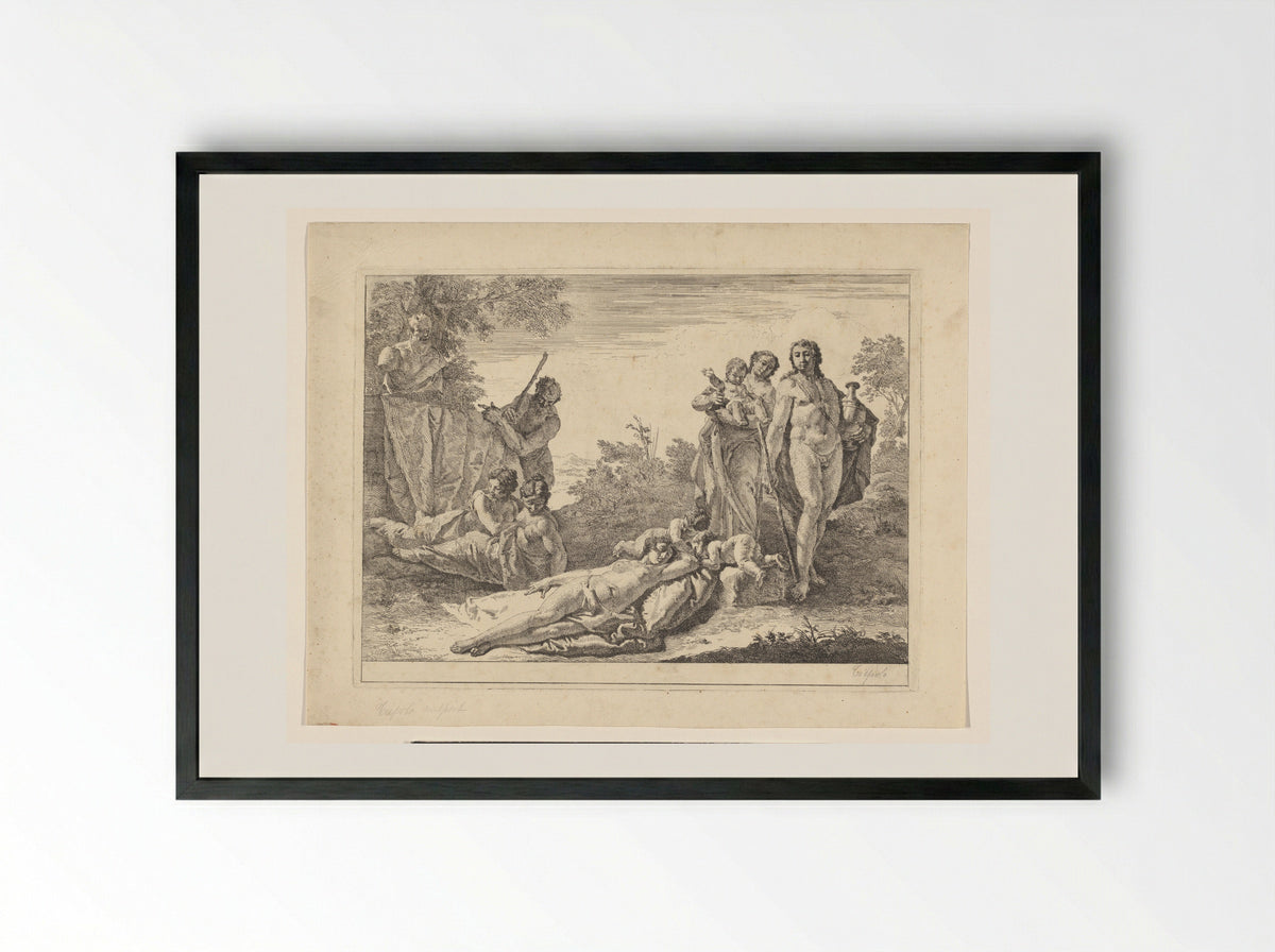 Pastorale scène bij een herme van Pan - Francesco Fontebasso - Framed Print Black