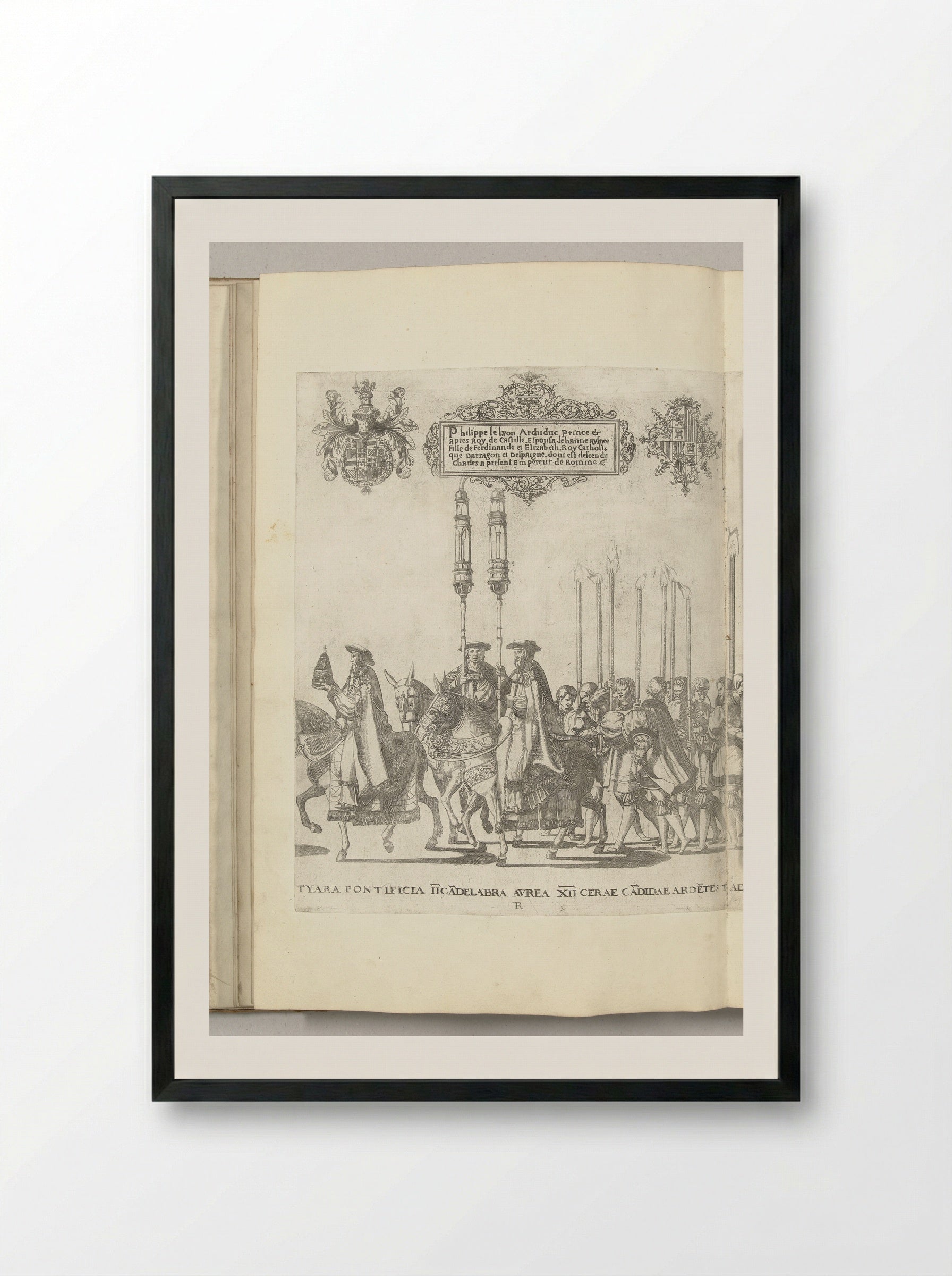 Pauselijke tiara en kandelaren, plaat R - Nicolaas Hogenberg - Framed Print Black