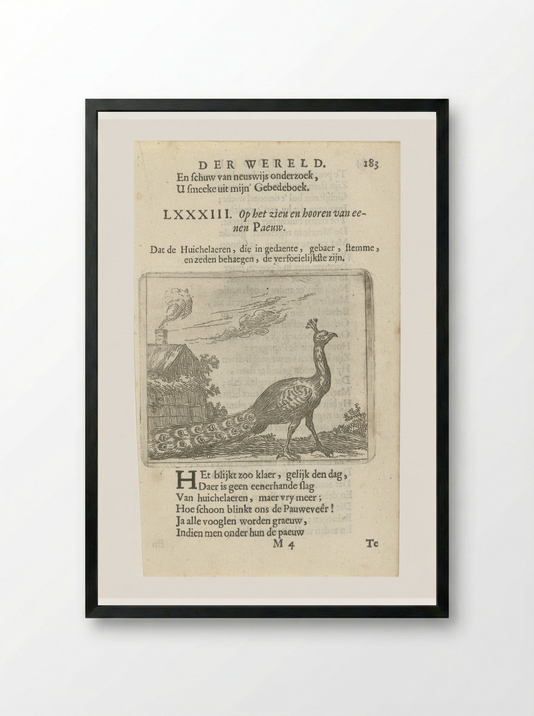 Pauw bij een huis (Peacock by a House) - Arnold Houbraken - Framed Print Black