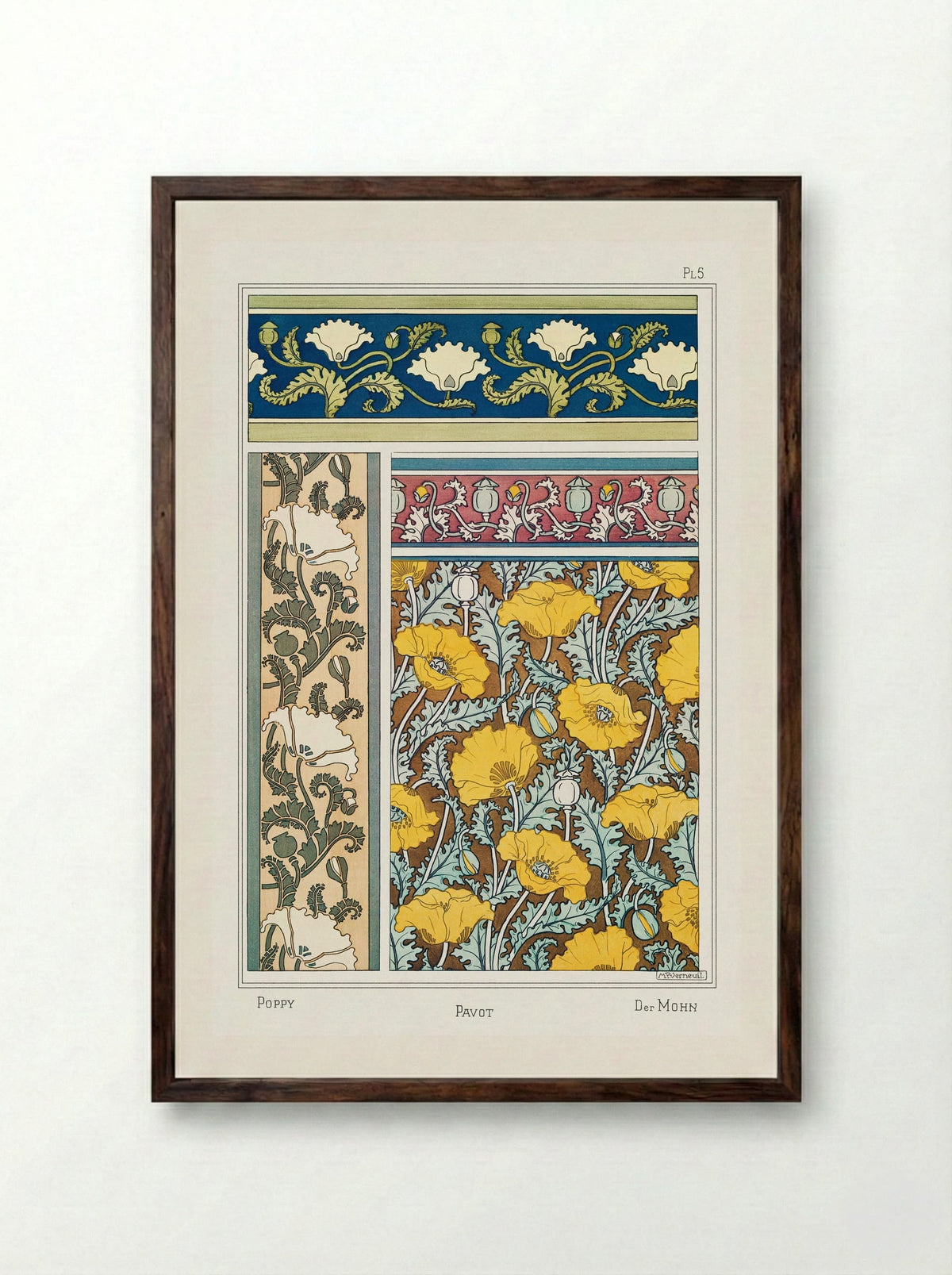 Pavot (Poppy) from La Plante et ses Applications ornementales - Maurice Pillard Verneuil - Framed Print Dark Wood