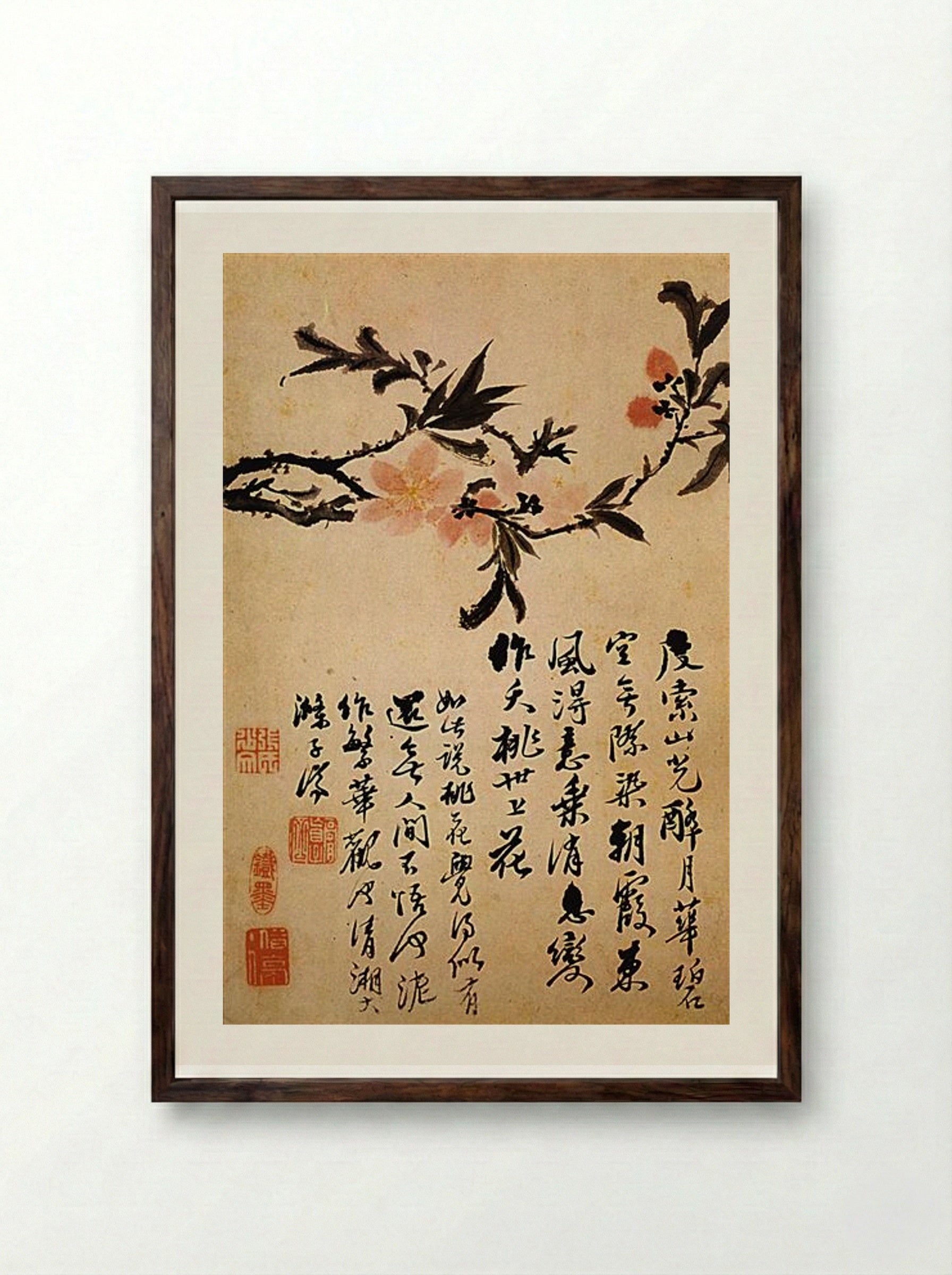 Peach Blossoms and Calligraphy - Shitao - Framed Print Dark Wood