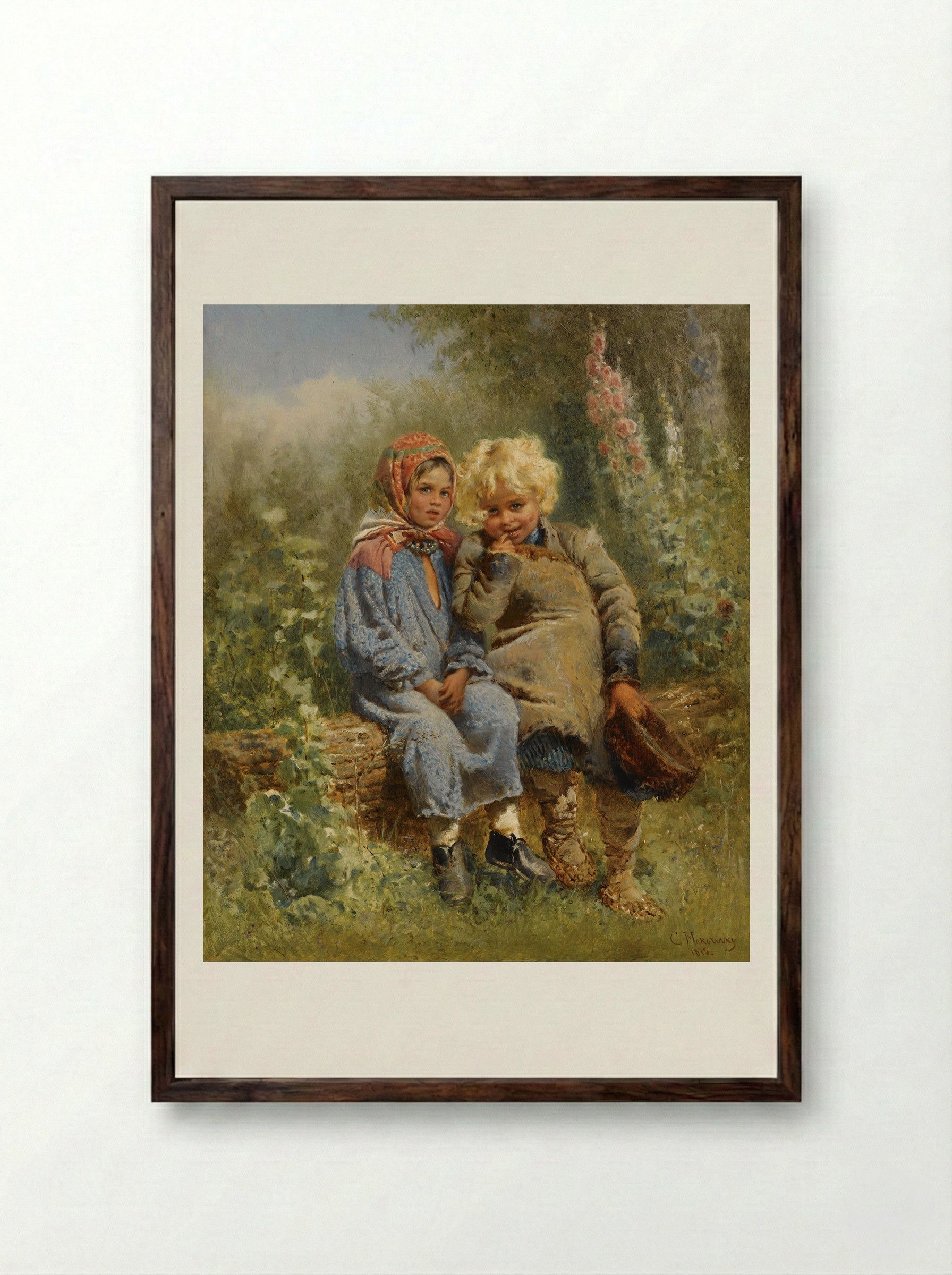 Peasant Children at Rest - Konstantin Makovsky - Framed Print Dark Wood