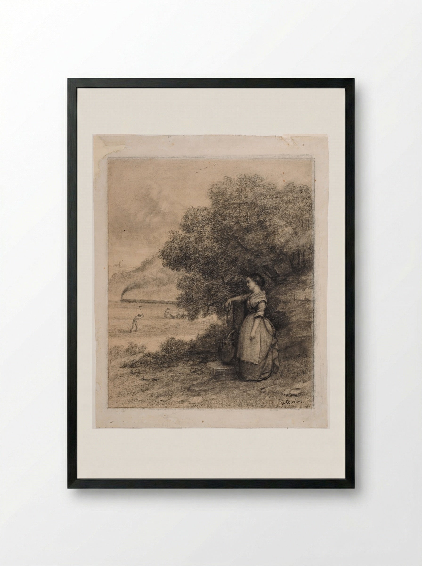 Peasant Girl by a Pump - Gustave Courbet - Framed Print Black
