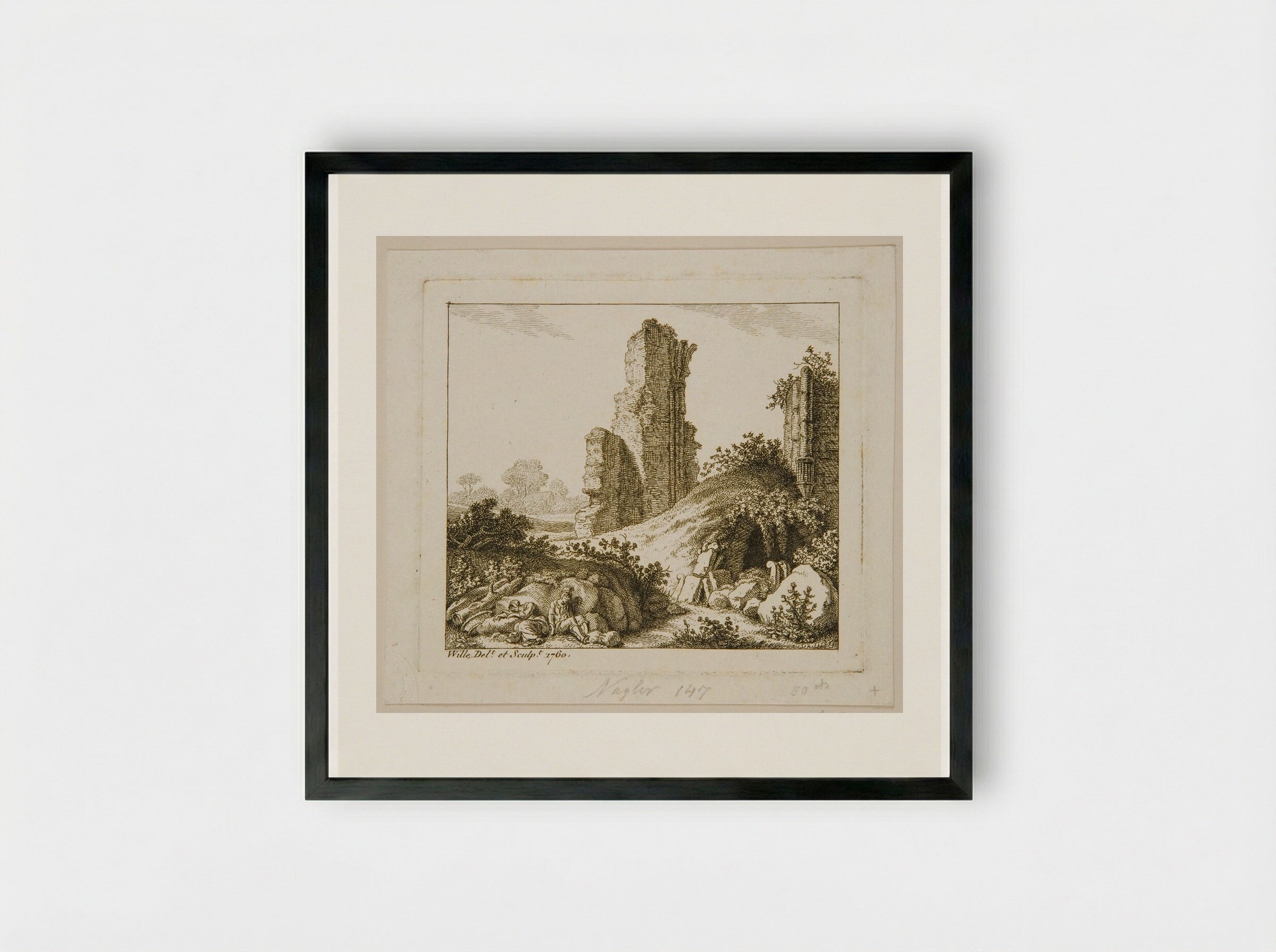 Peasant Sleeping near Ruins - Johann Georg Wille - Framed Print Black