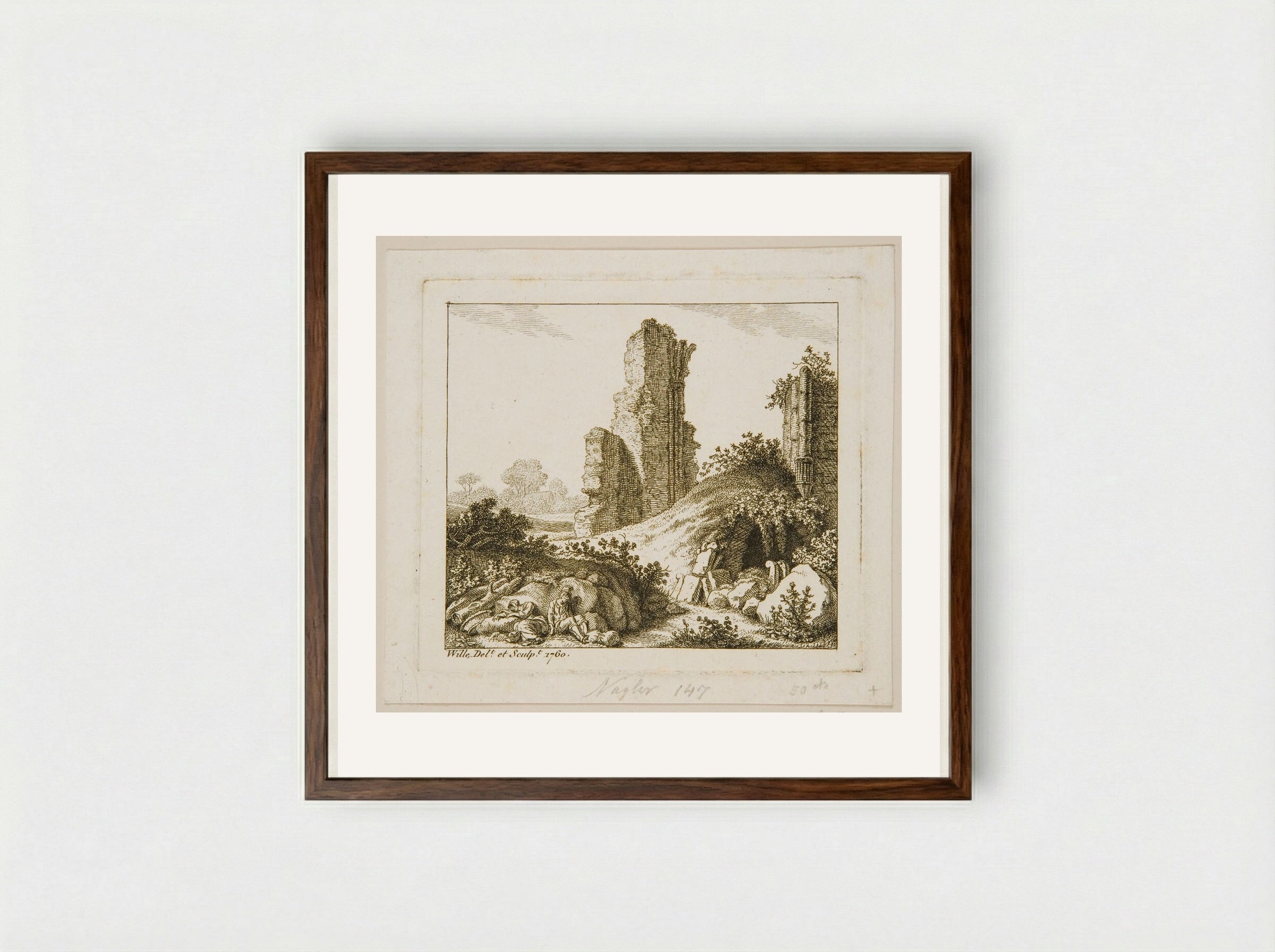 Peasant Sleeping near Ruins - Johann Georg Wille - Framed Print Dark Wood
