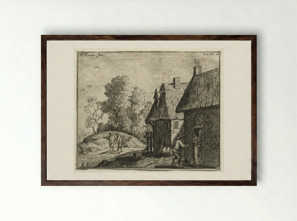 Peasant Talking to a Woman - David Teniers the Younger - Framed Print Dark Wood