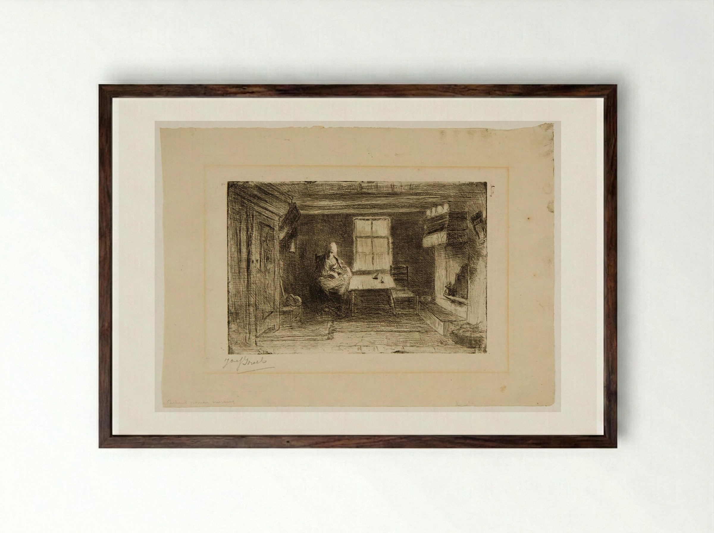 Peasant Woman Nursing - Jozef Israëls - Framed Print Dark Wood