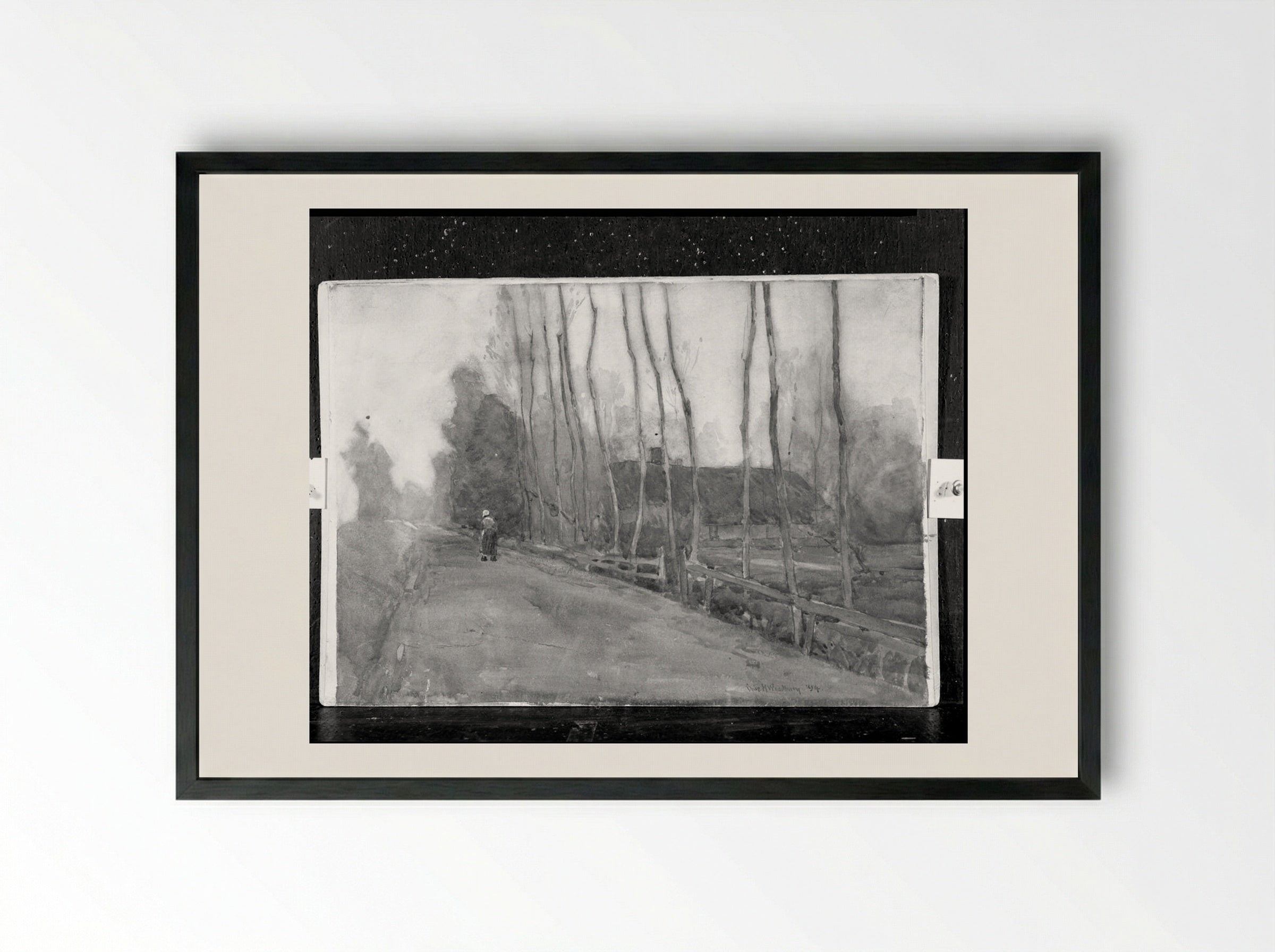 Peasant Woman on a Country Road - Charles Herbert Woodbury - Framed Print Black