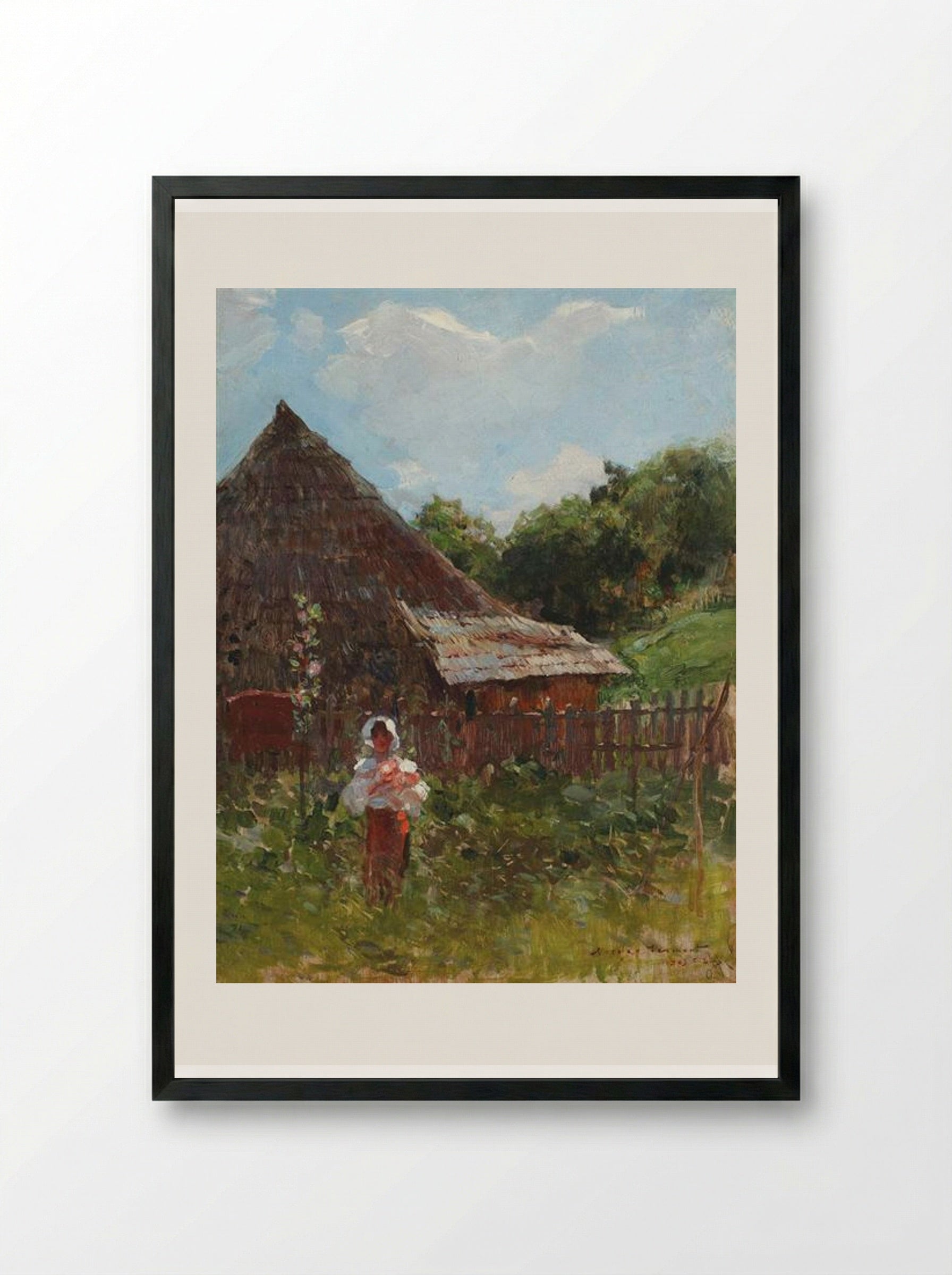 Peasant Woman with Flowers - Nicolae Vermont - Framed Print Black