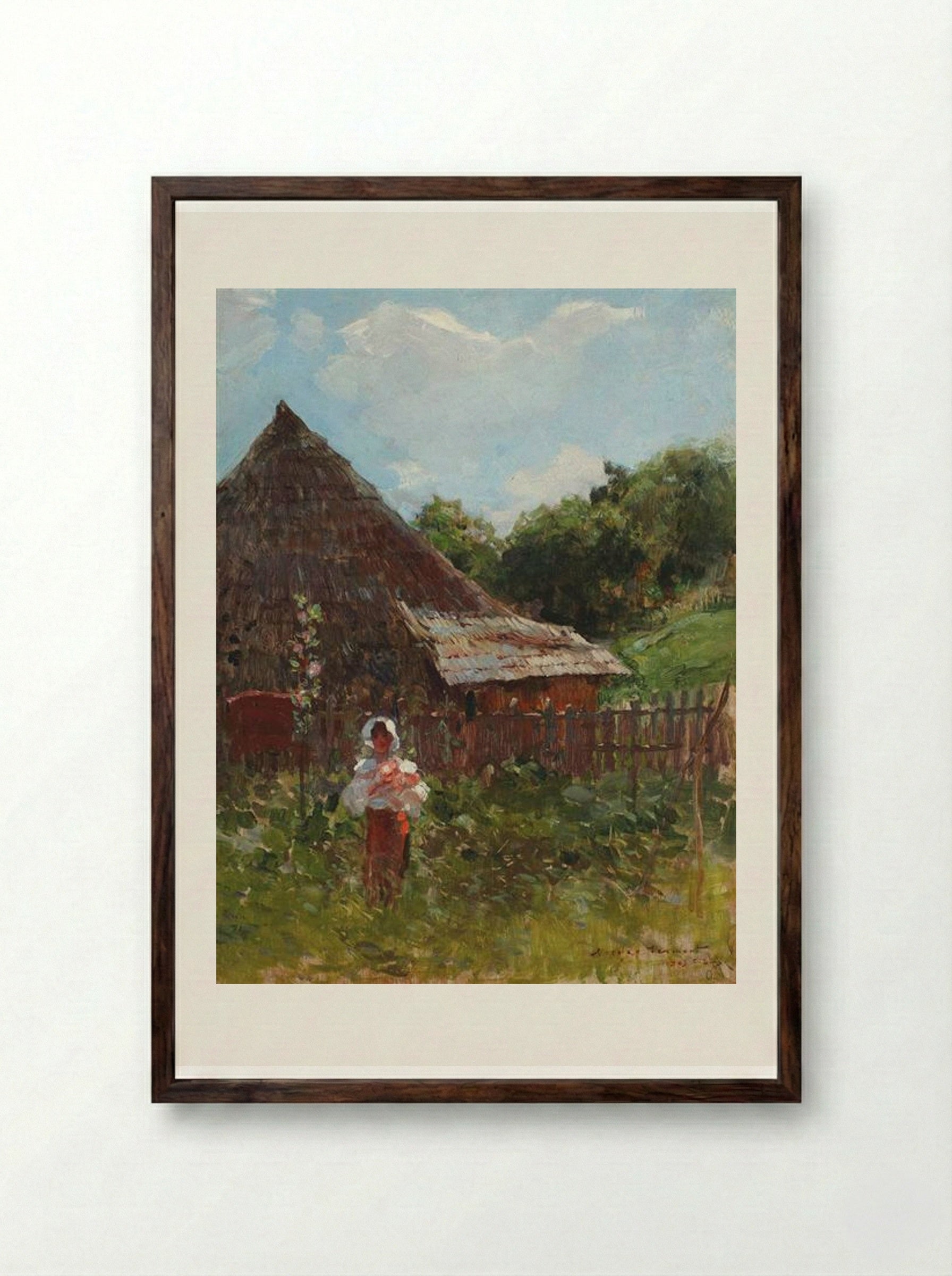 Peasant Woman with Flowers - Nicolae Vermont - Framed Print Dark Wood
