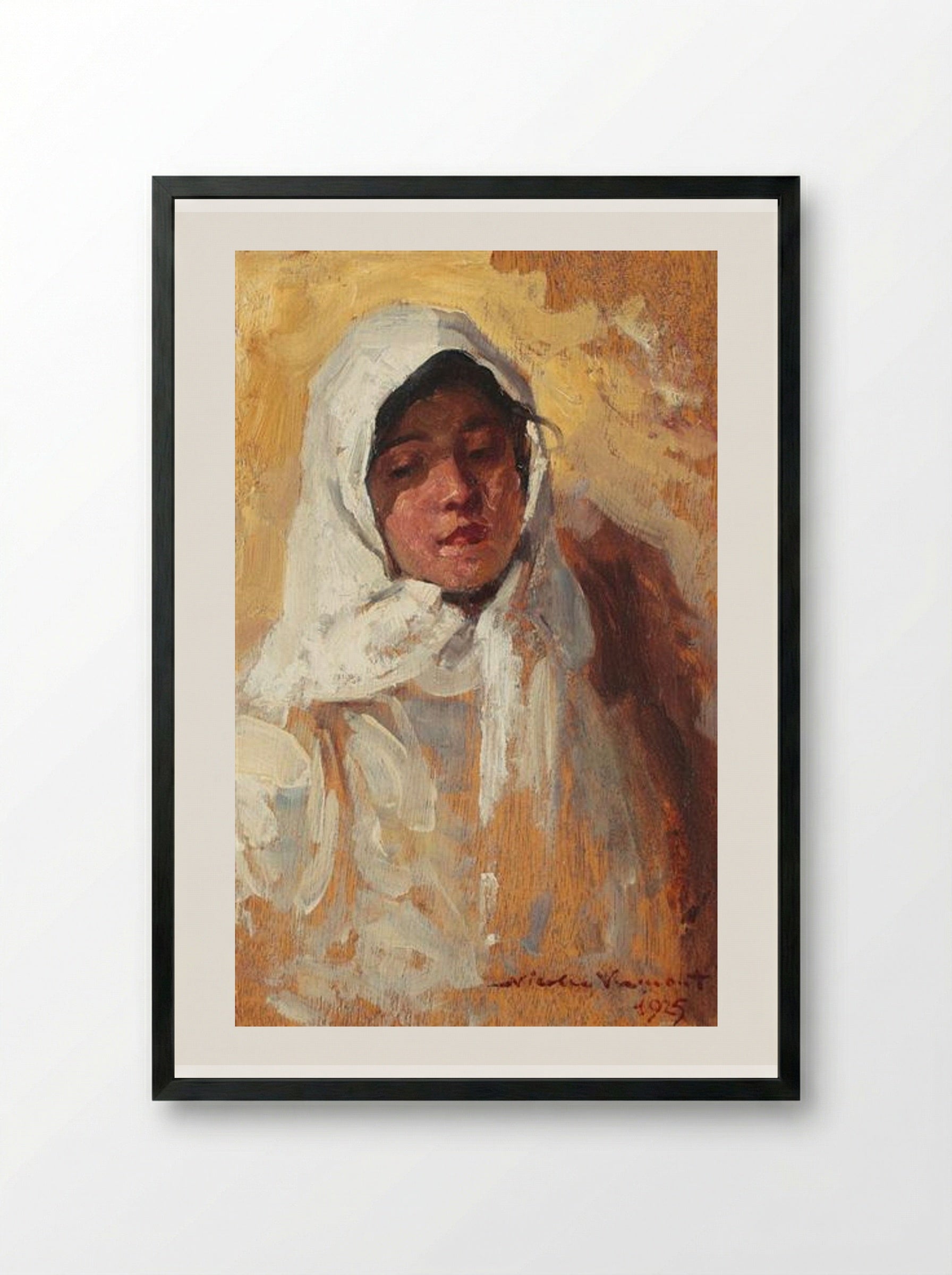 Peasant Woman with White Headscarf - Nicolae Vermont - Framed Print Black
