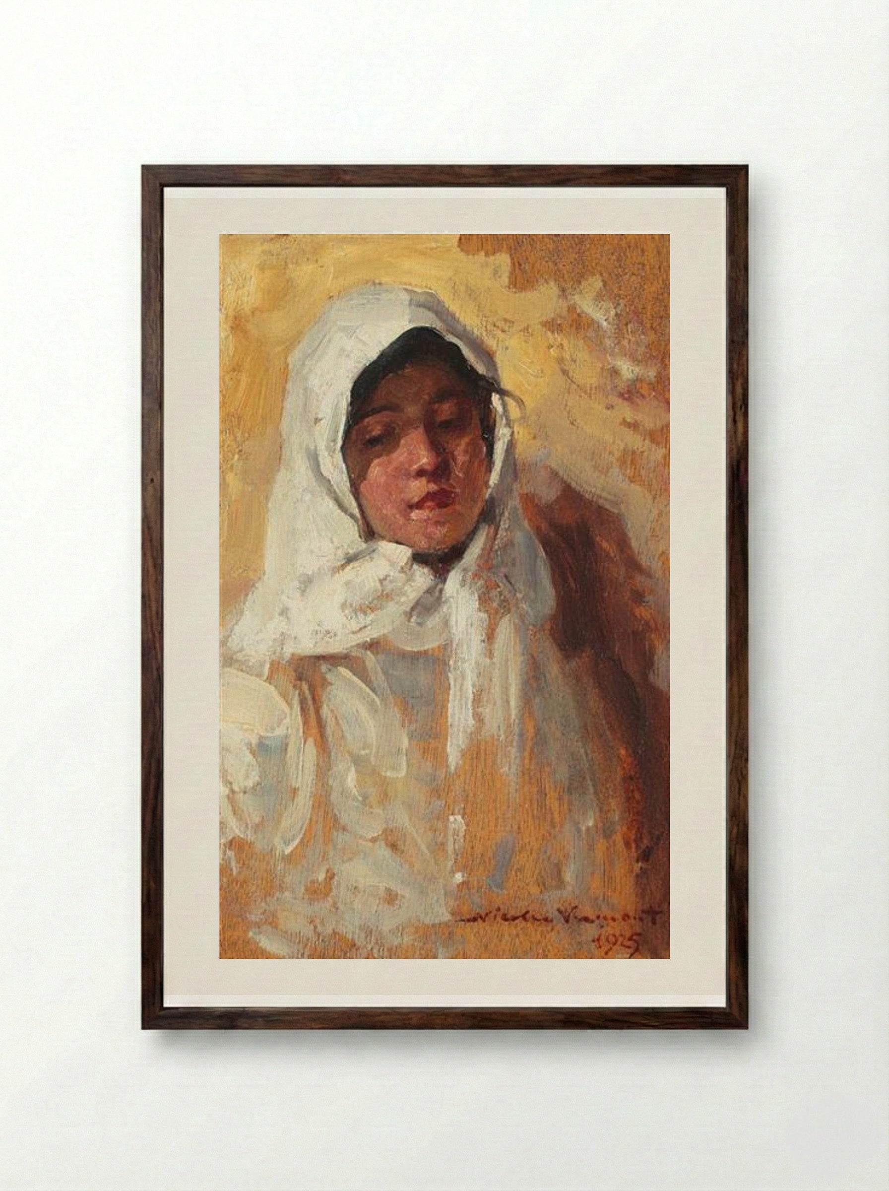 Peasant Woman with White Headscarf - Nicolae Vermont - Framed Print Dark Wood