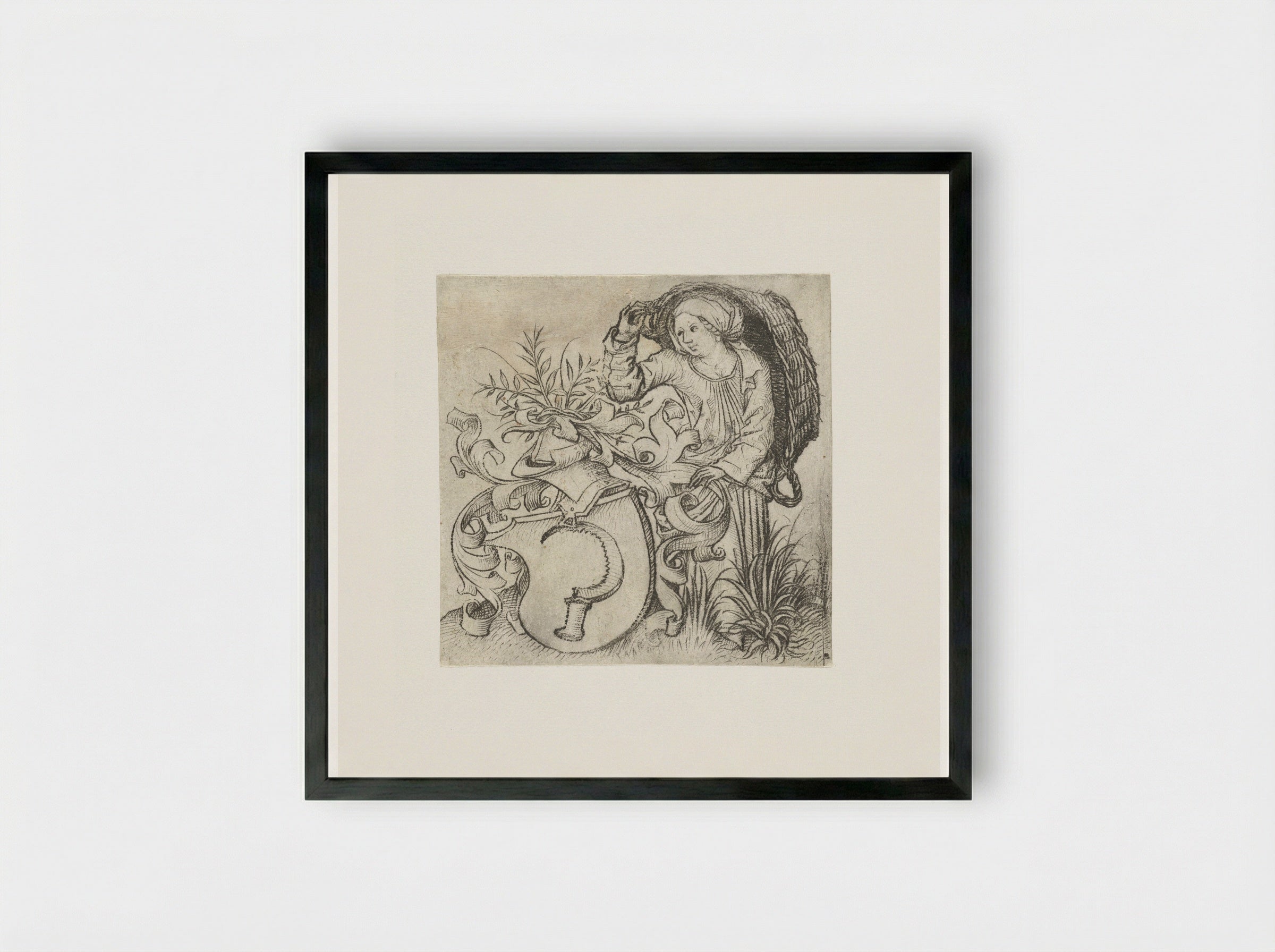 Peasant Woman with a Sickle on a Coat of Arms - Master of the Amsterdam Cabinet - Framed Print Black
